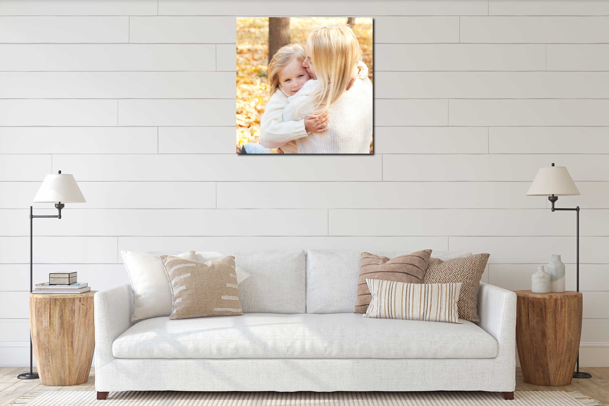 Happy family blonde mother and daughter hugs in forest interior mockup