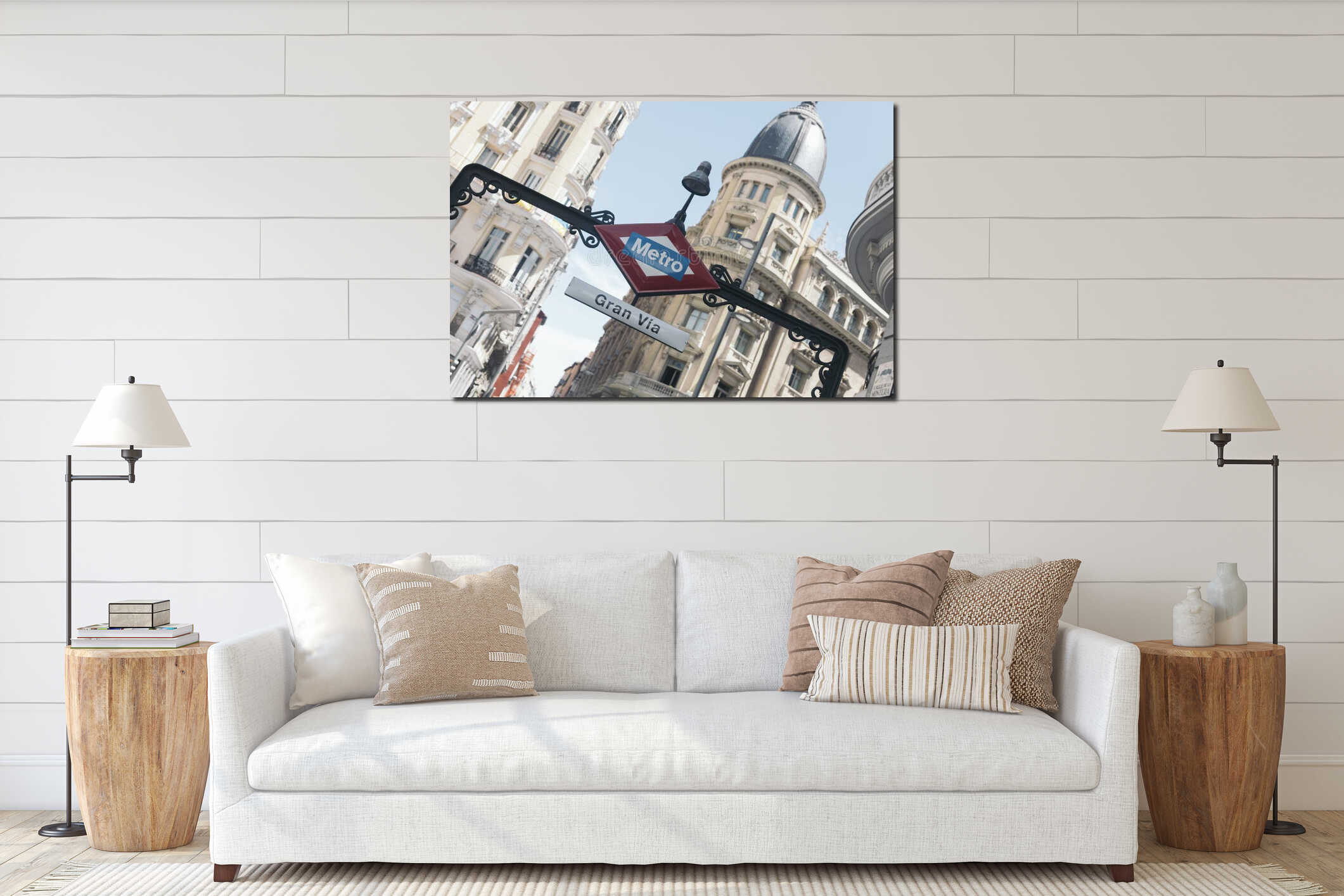 Beautiful photograph of the sign of the subway entrance of the metro of madrid GRAN VIA with its buildings interior mockup