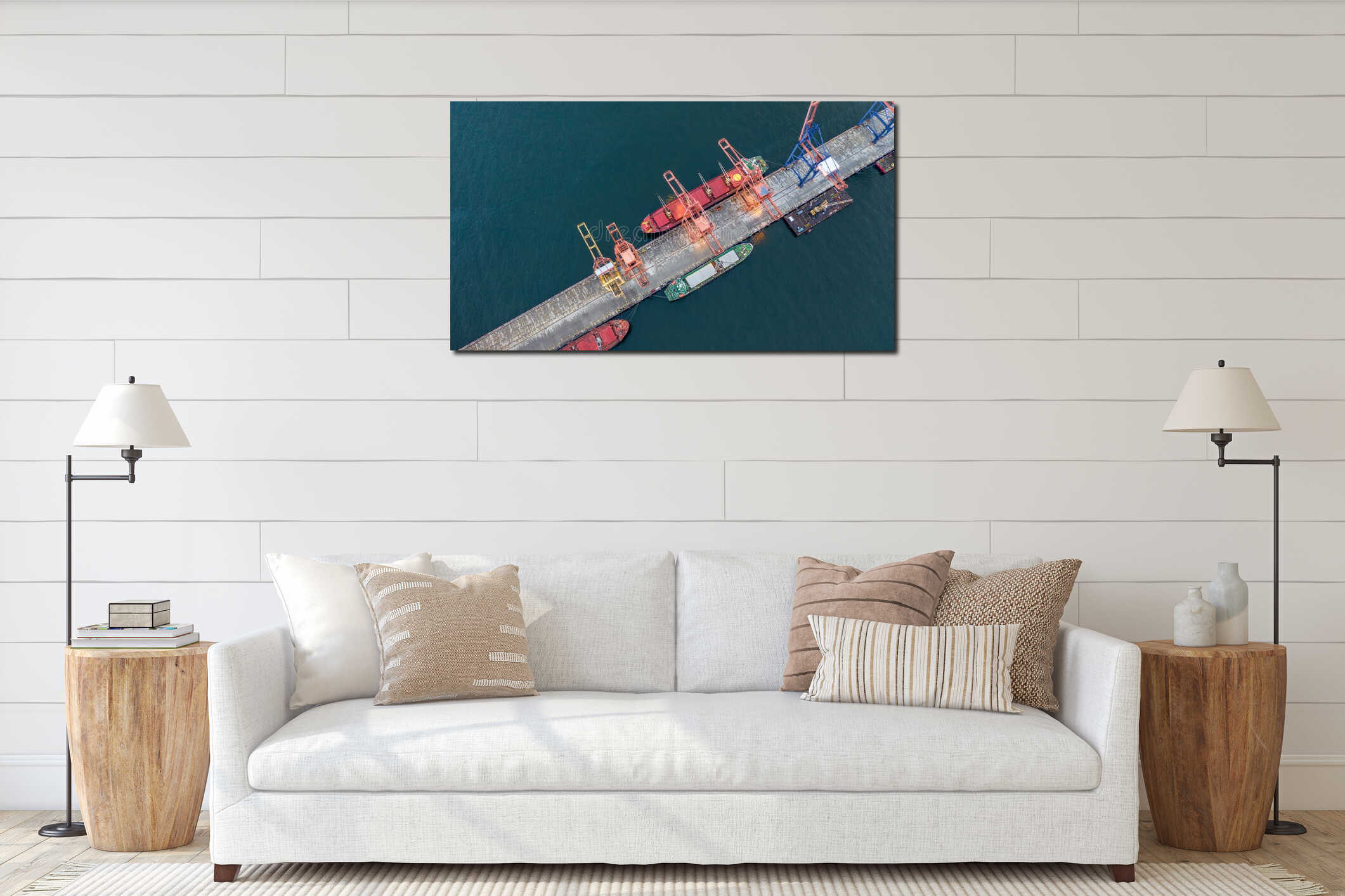 Aerial top view large general cargo ship bulk carrier, Bulk carrier dock, Global business import export logistic and interior mockup