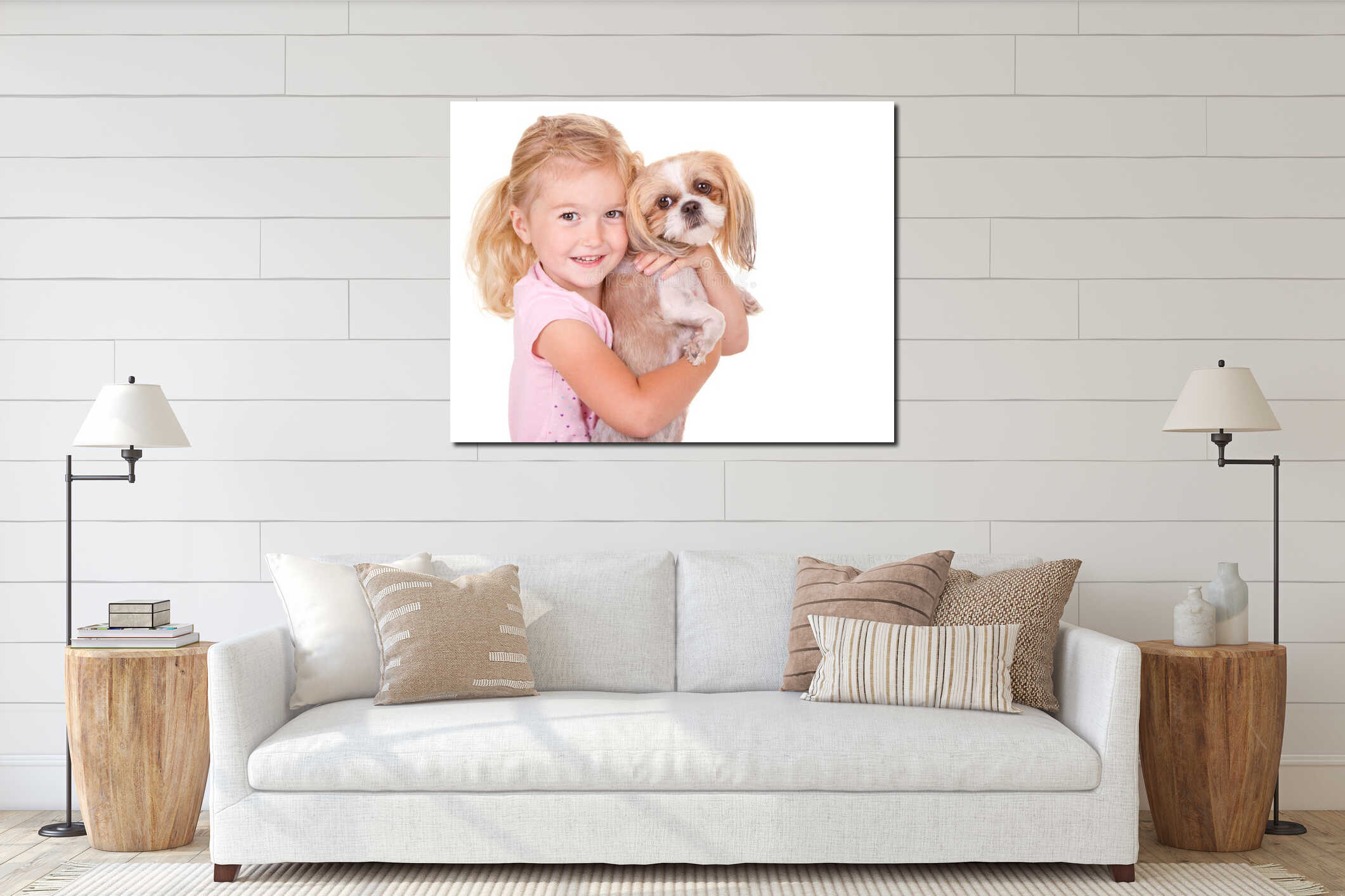 Young girl holding pet dog interior mockup