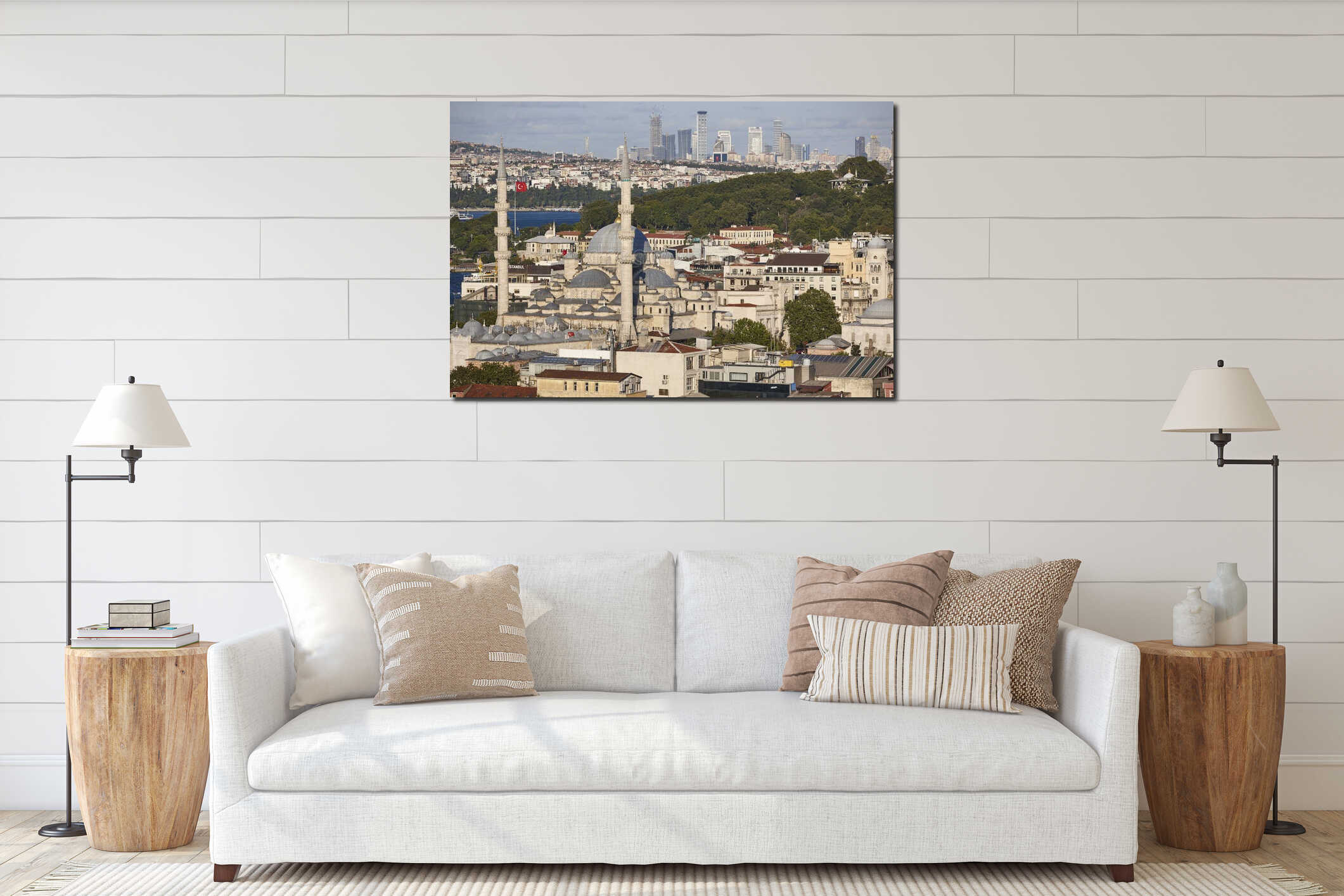 Cityscape in Istanbul. Suleymaniye mosque, bosphorus strait, business area. Turkey interior mockup
