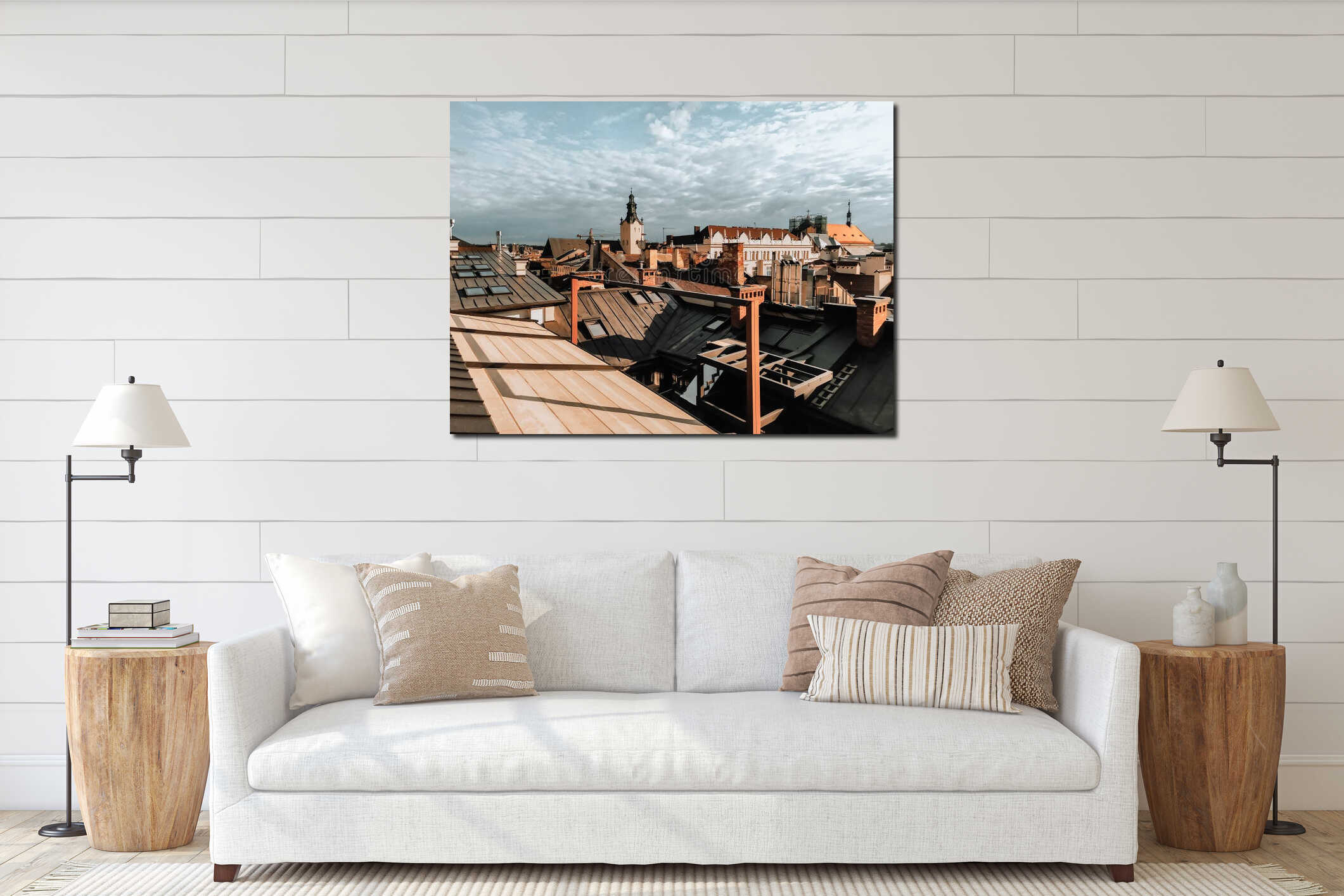 Roof top view in Lviv, Ukraine. Roofs of ancient houses in the rays of the sun from a bird's eye view. interior mockup