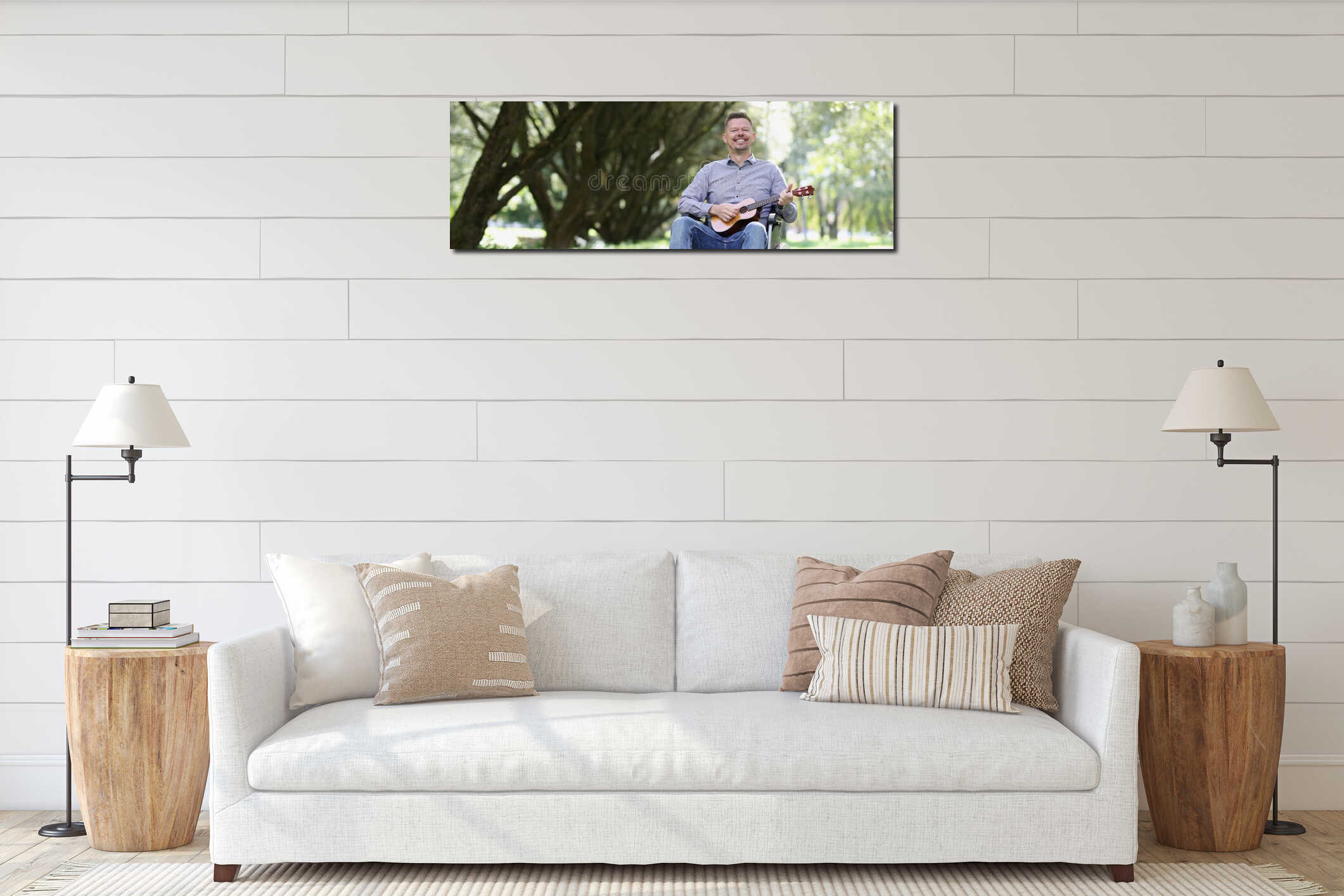 Male street musician plays guitar in wheelchair interior mockup