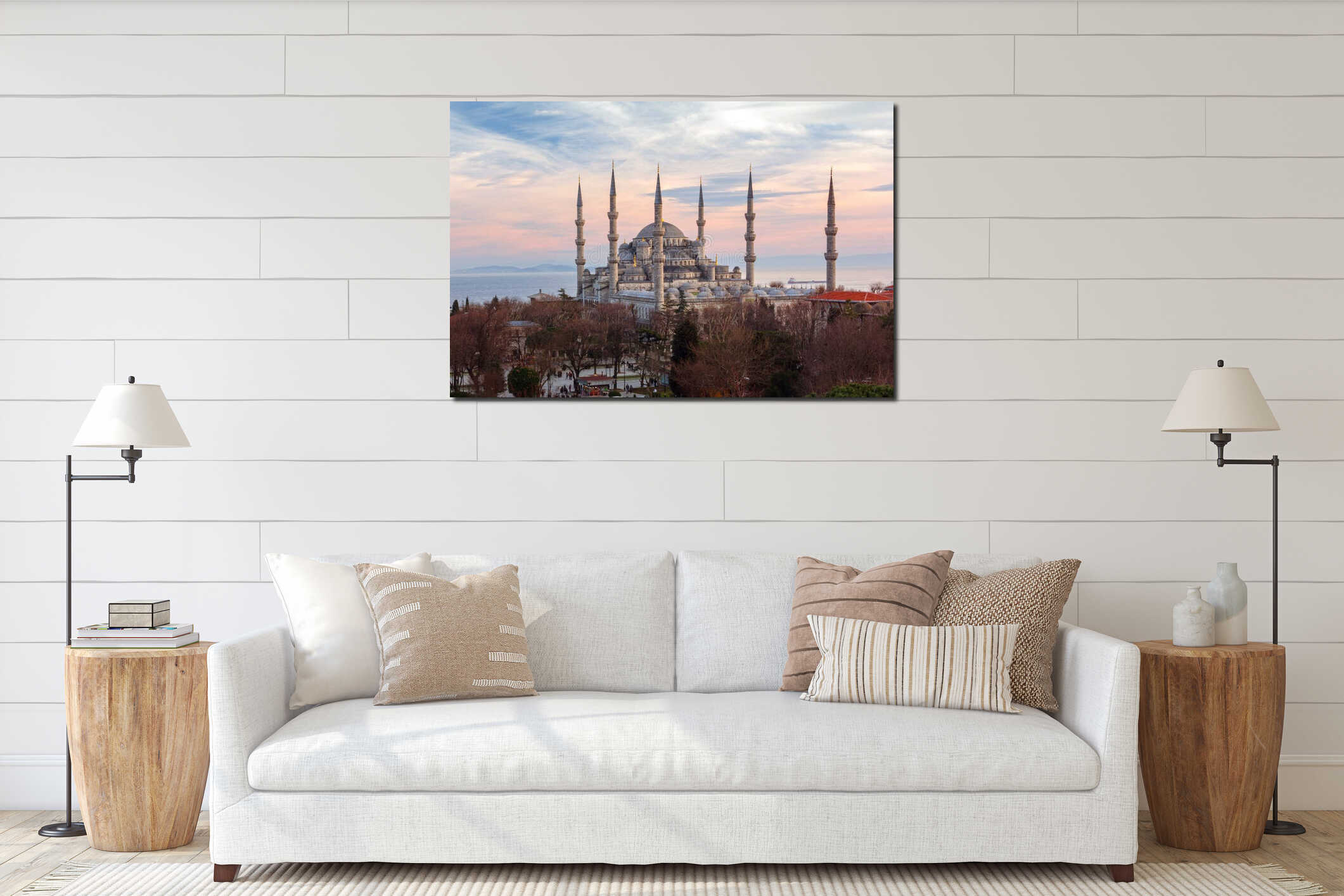 Famous Muslim temple Blue Mosque Sultanahmet Cami of medieval Ottoman ÃÂ°slamic architecture with six minarets overlooking the interior mockup