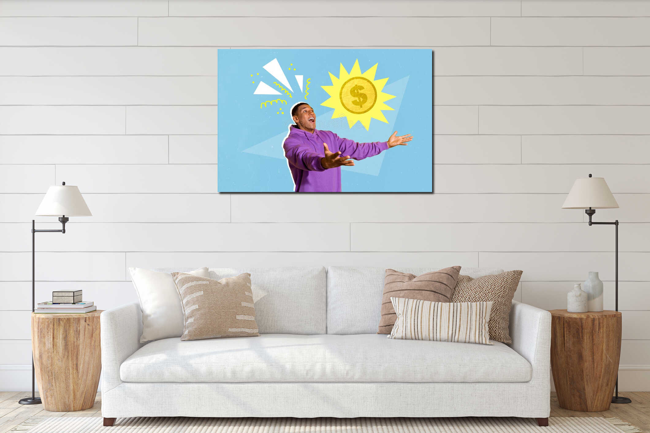 Composite collage picture of overjoyed positive guy arms catch money coin isolated on painted background interior mockup