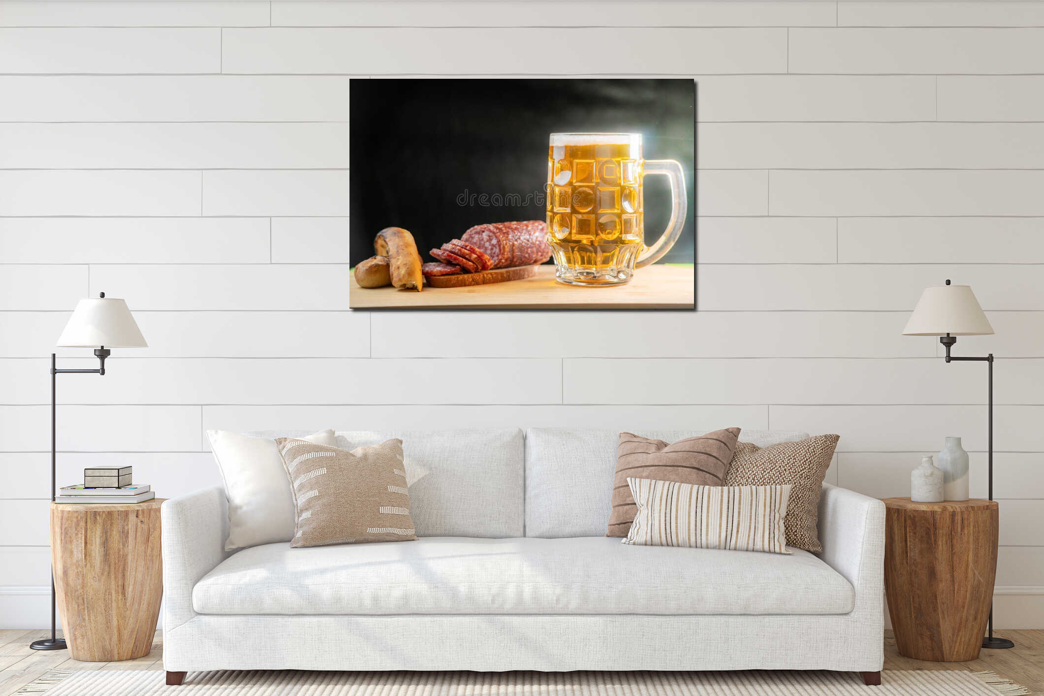 Pouring beer into the glass. Sausage with mug cold craft beer in a glass with water drops. Pint of Beer interior mockup