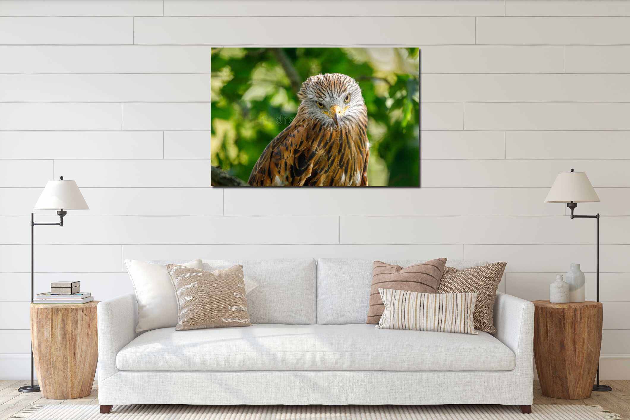 Eyes of raptor. Portrait of red kite, Milvus milvus, isolated on background from green leaves. Endangered bird of prey. interior mockup