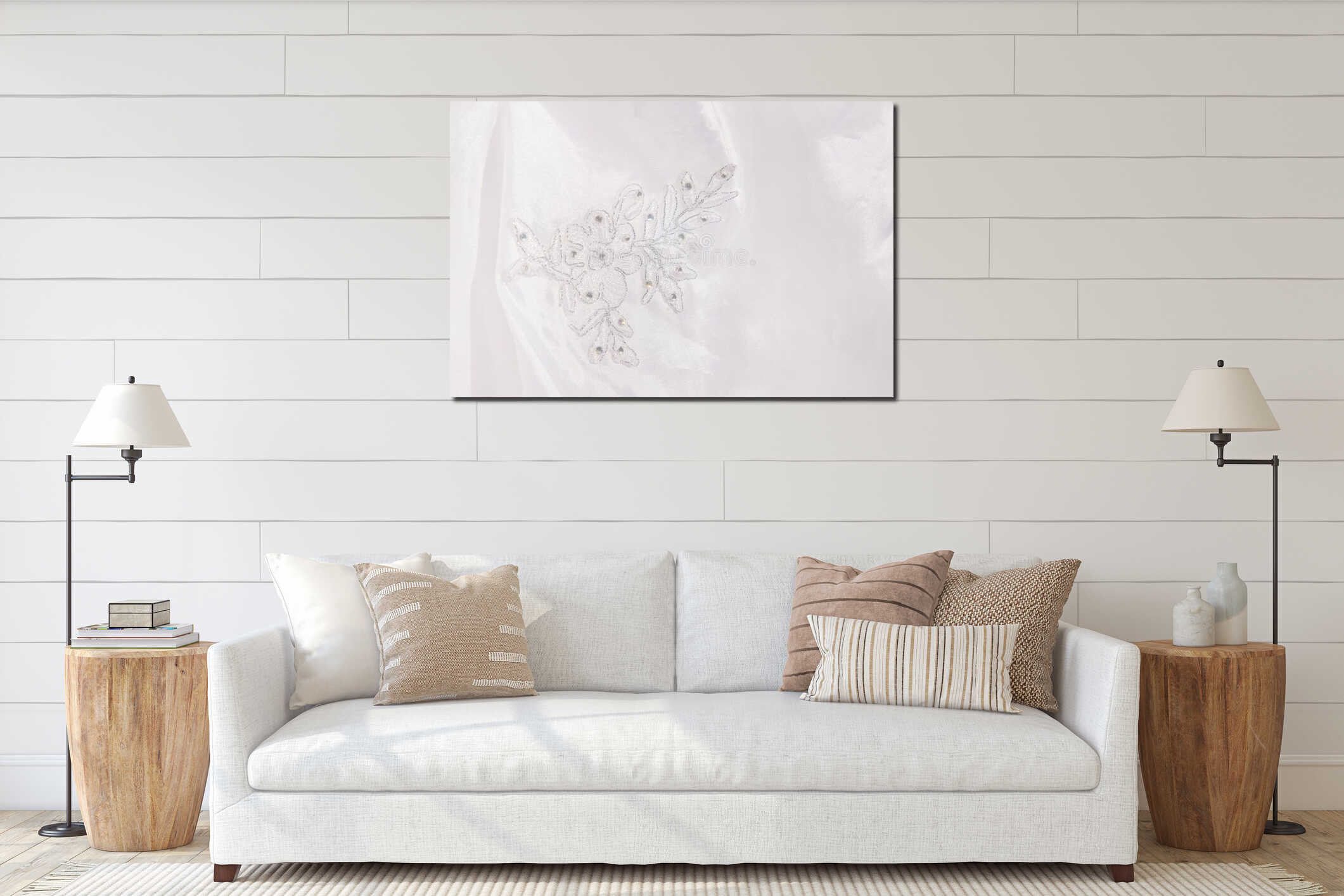 The fabric details of the bride`s dress and beautiful embroidery on the fabric interior mockup