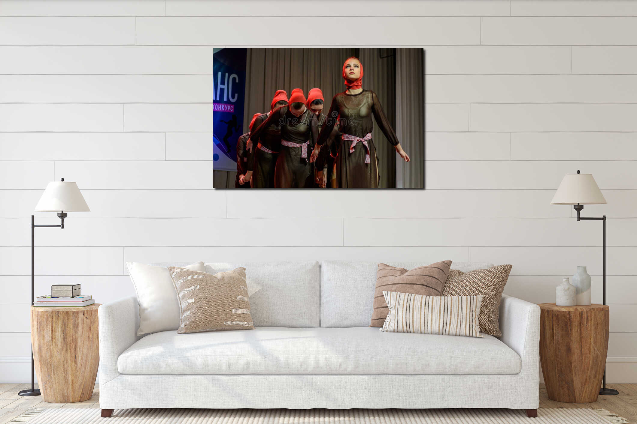 Minsk, Belarus, November 24, 2019. A dance group for children performs on stage interior mockup