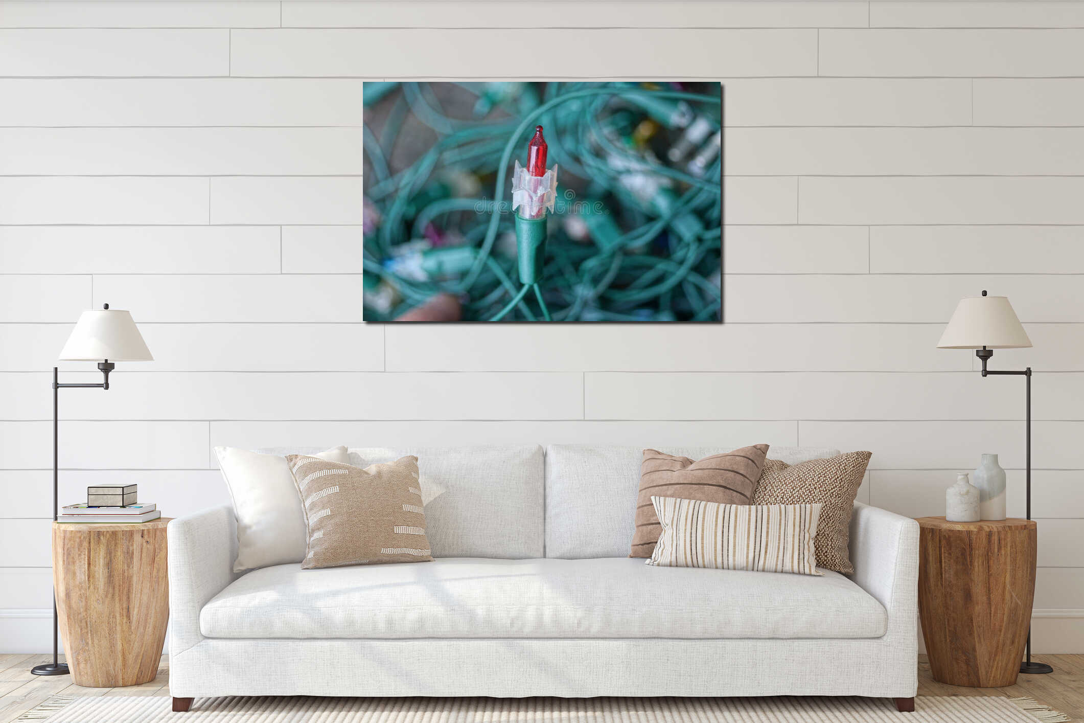 One small red glass bulb on a green electric wire interior mockup