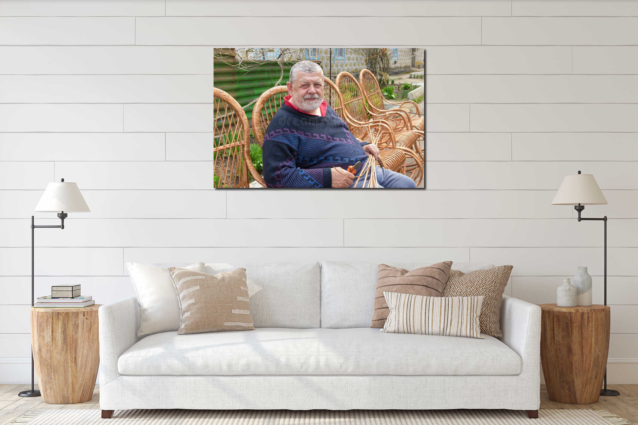 ukrainian man sitting in  rocking chair he made with withe interior mockup