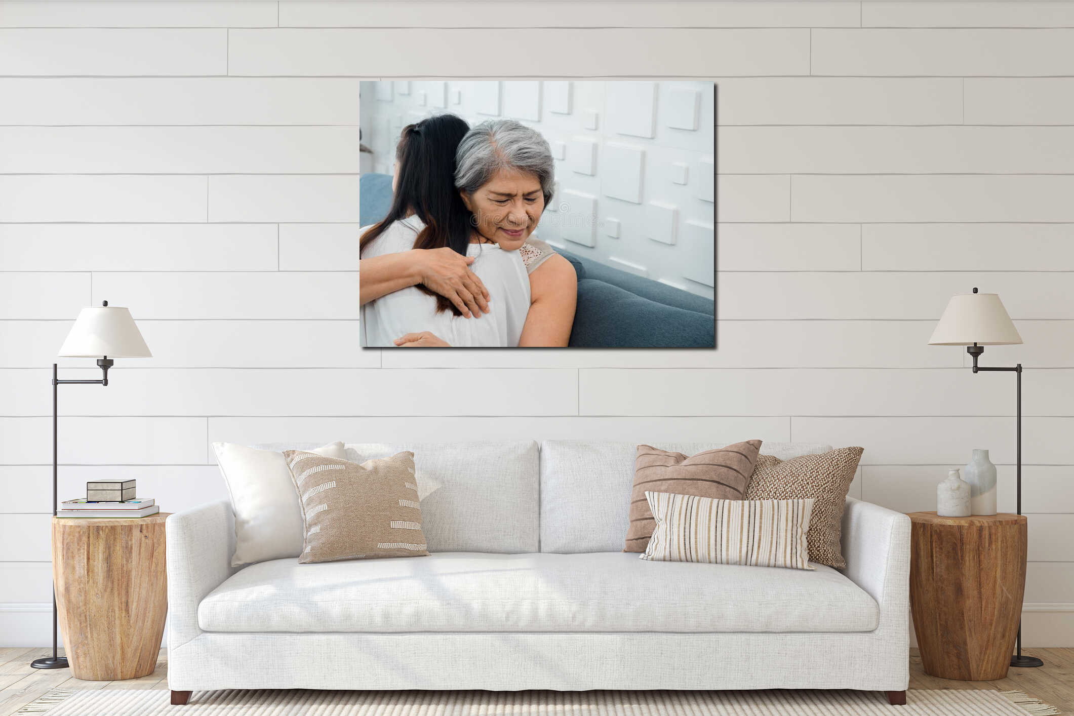 Close-up portrait of happy Asian senior, mother or grandparent white hair embracing her beautiful daughter or grandchild. interior mockup