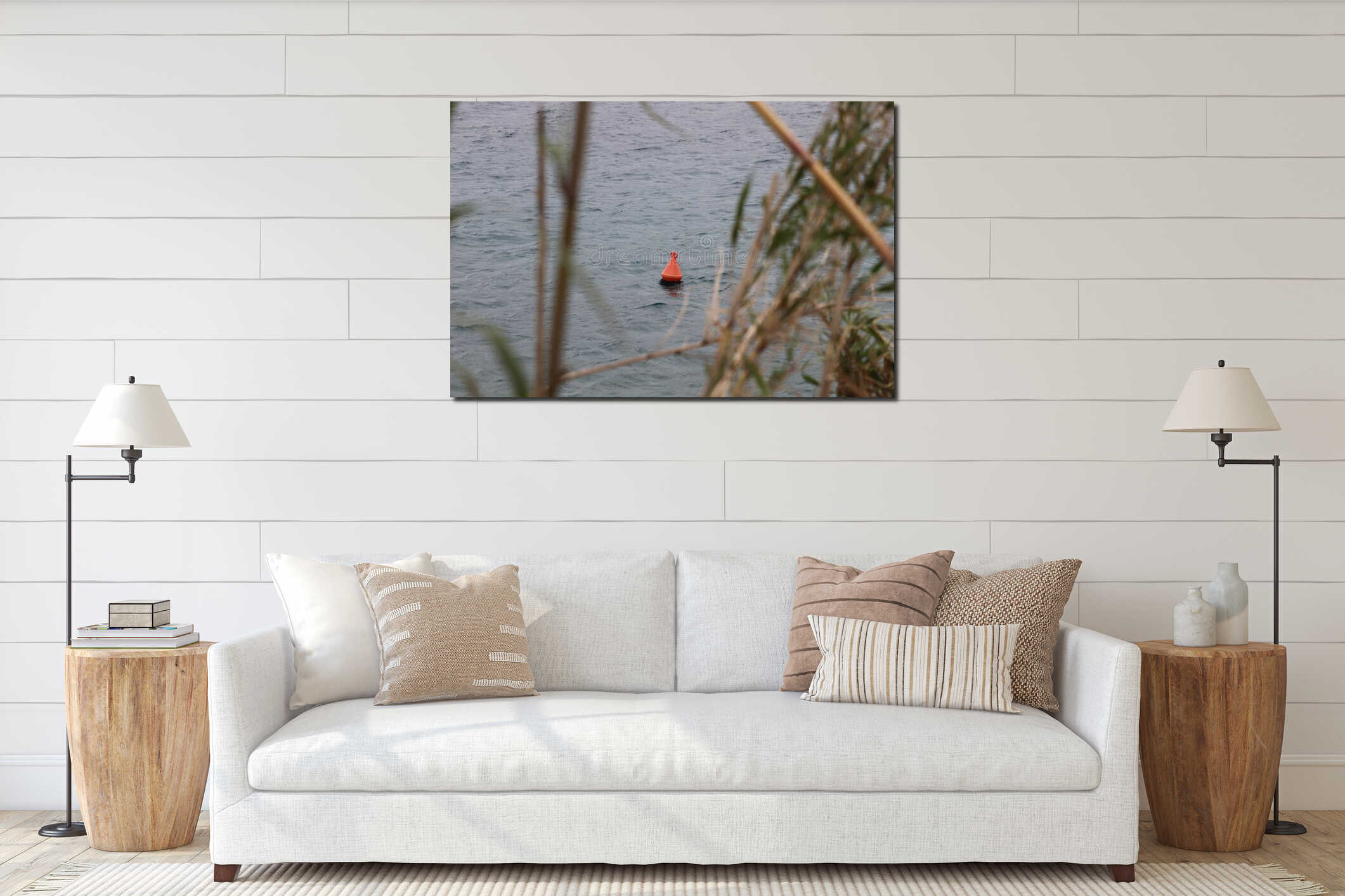 Red buoy floating on the water surface interior mockup