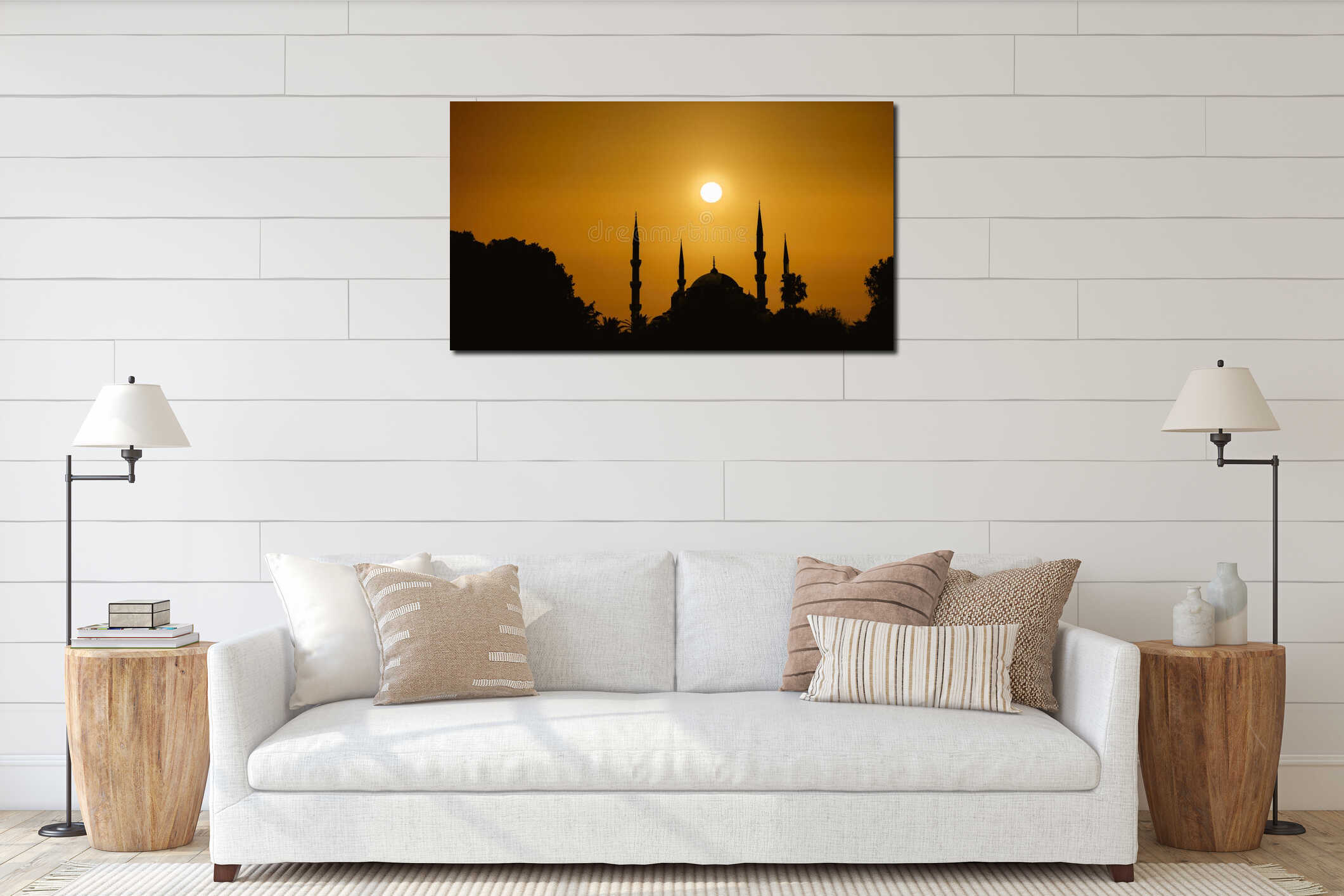 Silhouette islamic mosque with dome and two tower with background of sunrising interior mockup