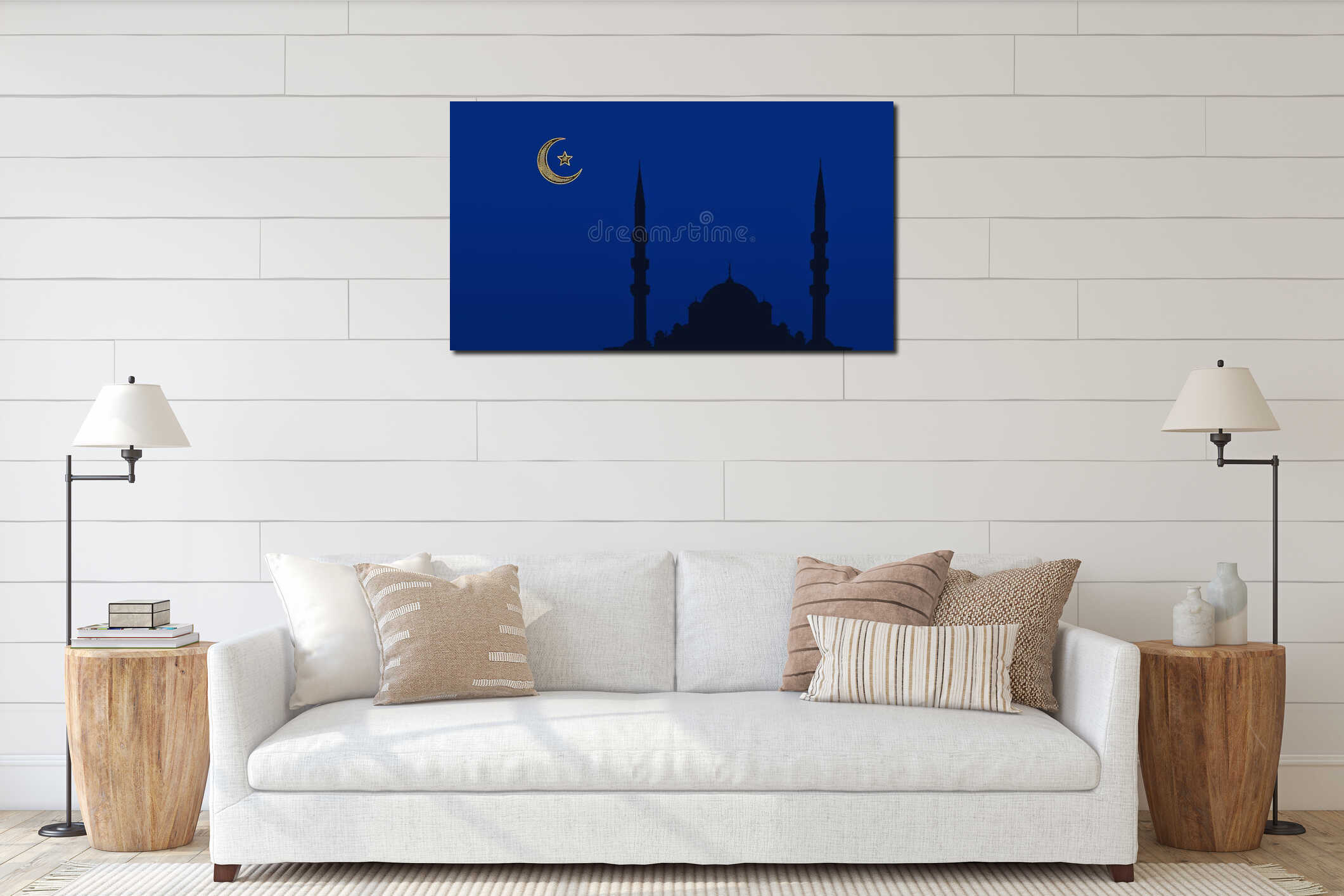 Silhouette islamic mosque with background of symbol of moon and star on blue sky interior mockup