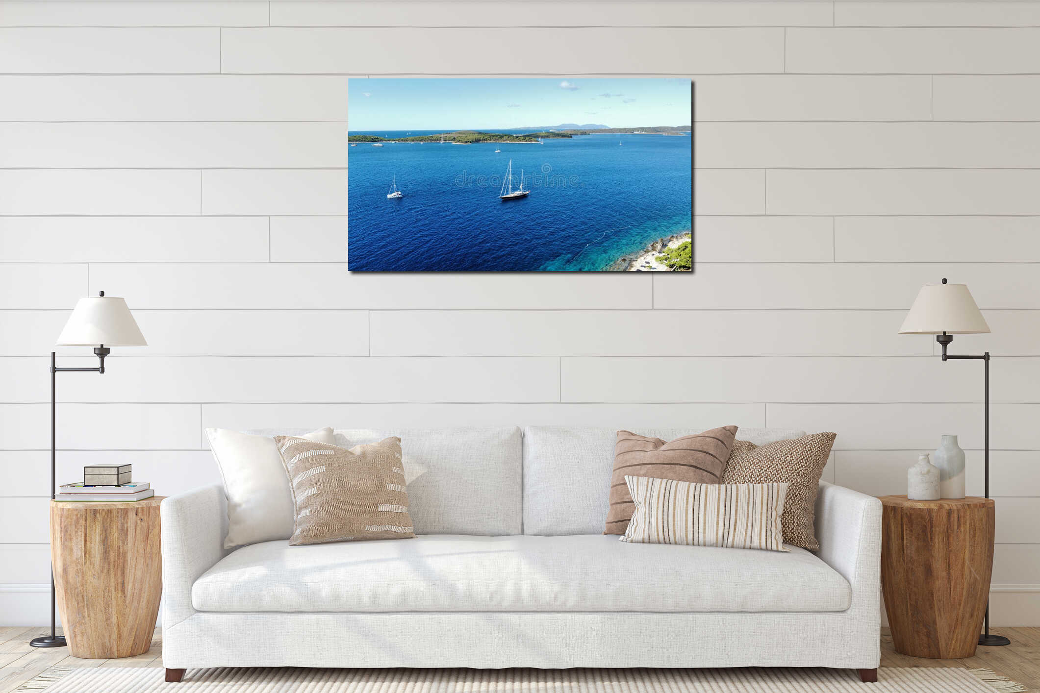 Beatuful blue seascape and a big and small ships floating on it tranquil waves interior mockup