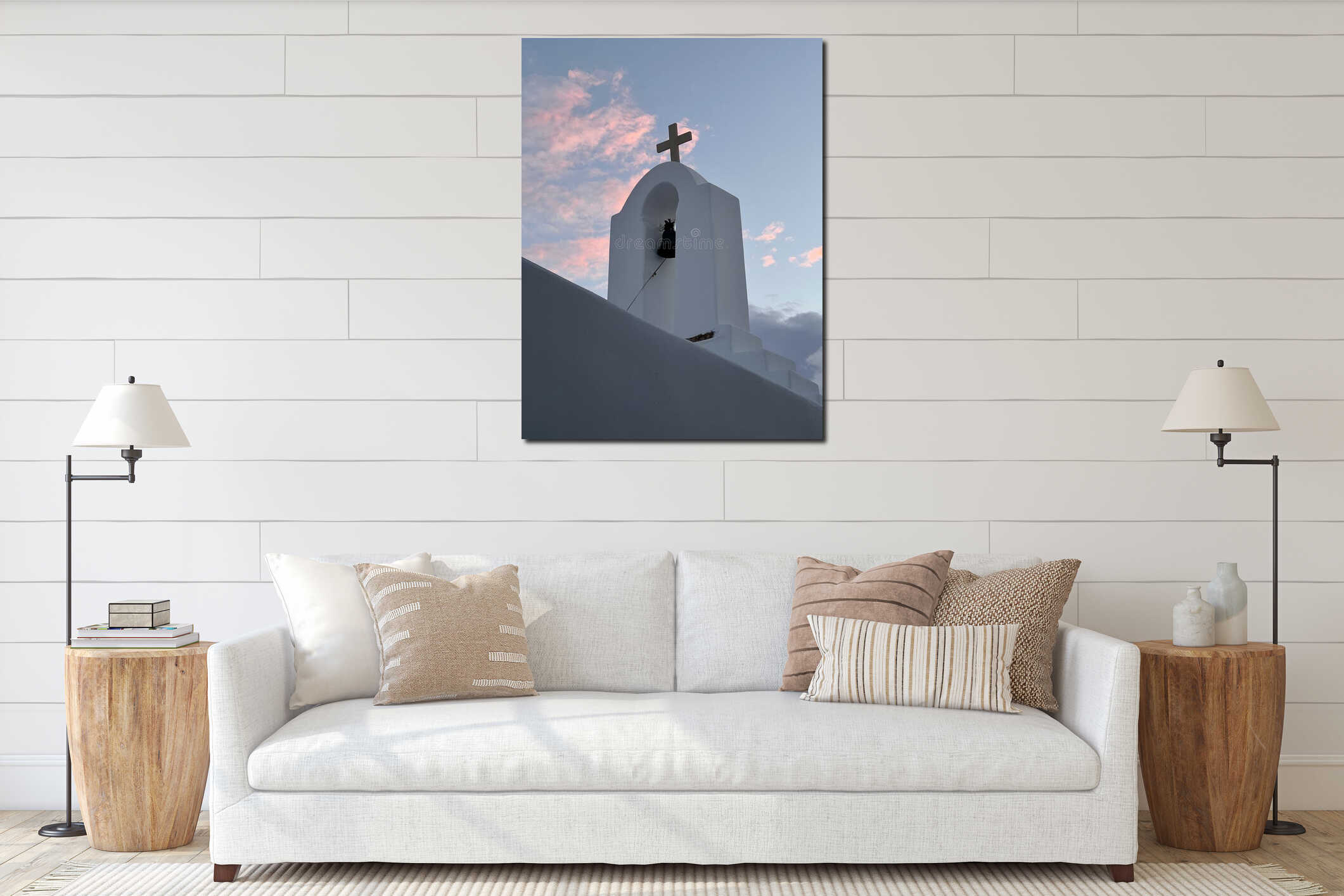A white bell tower atop a Greek Orthodox Church interior mockup