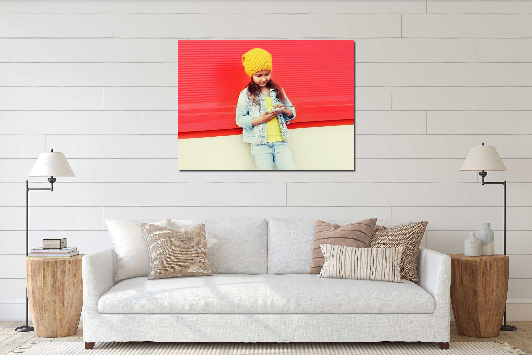 Portrait modern little girl child with smartphone on city street interior mockup