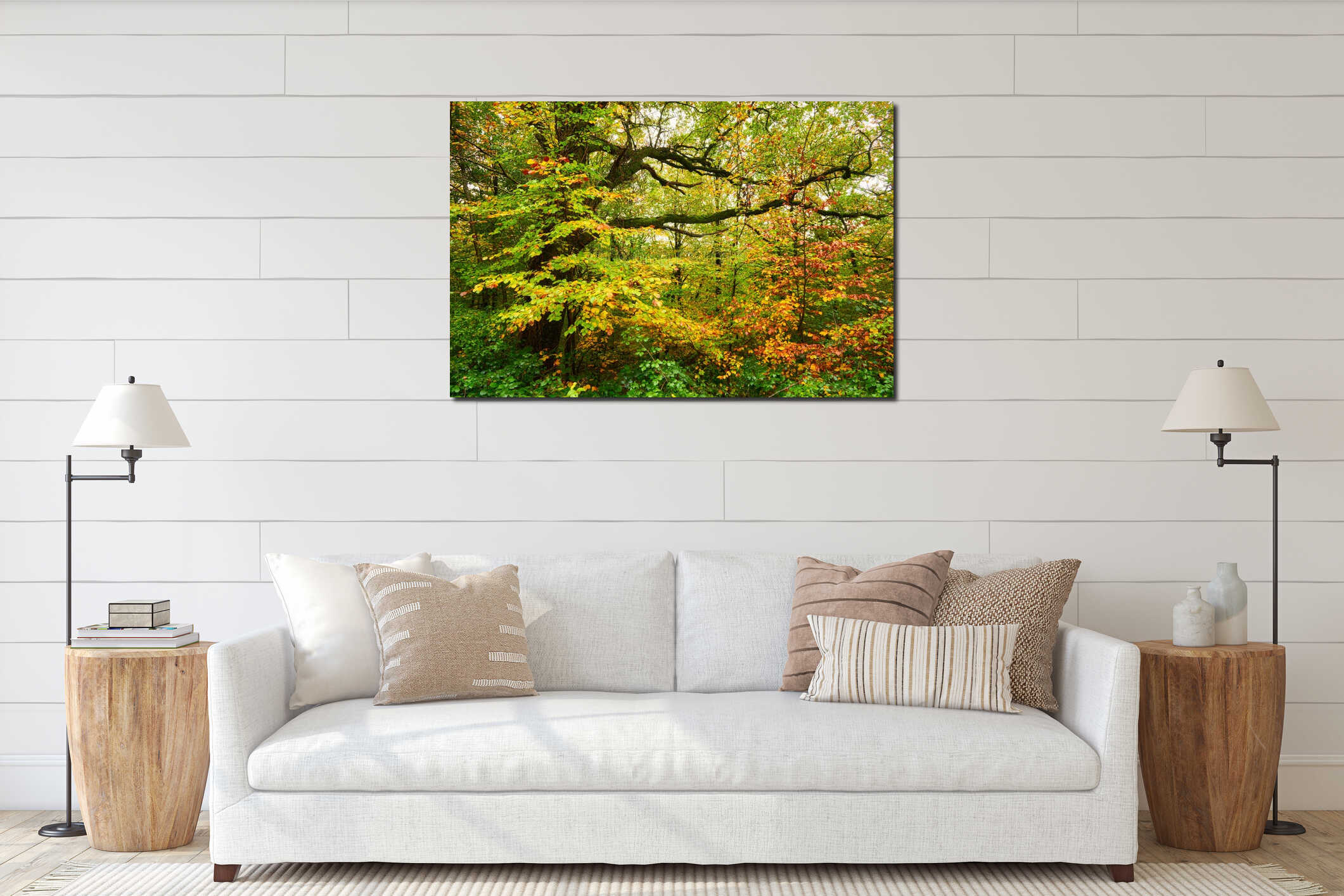 Colorful autumn tree in the forest interior mockup