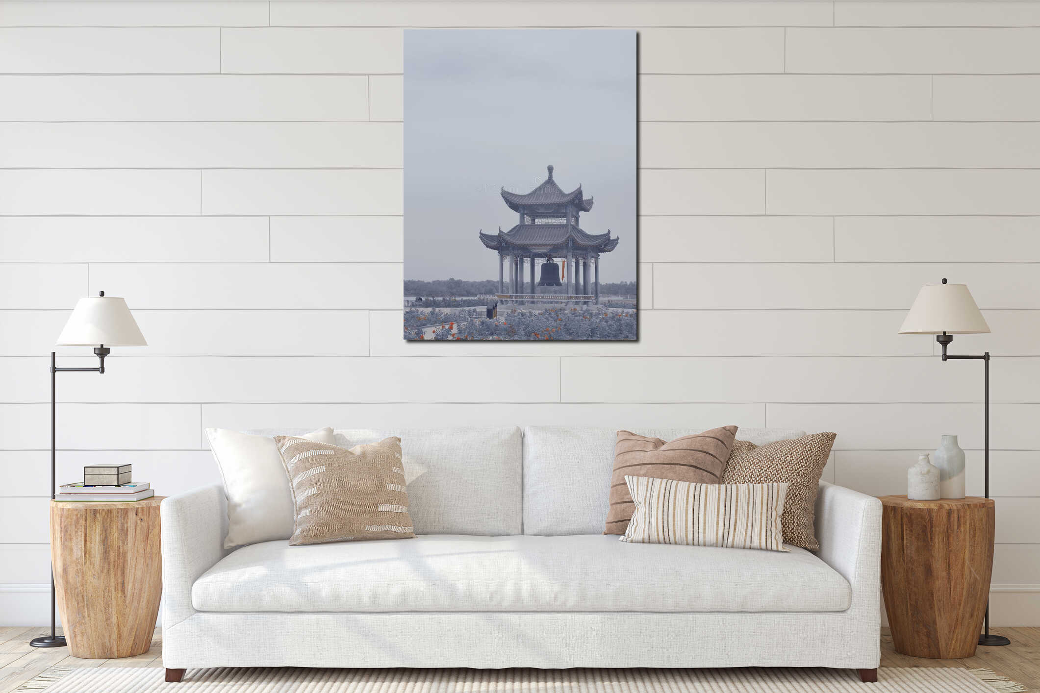 Vertical shot a traditional Asian temple with a beautiful garden interior mockup