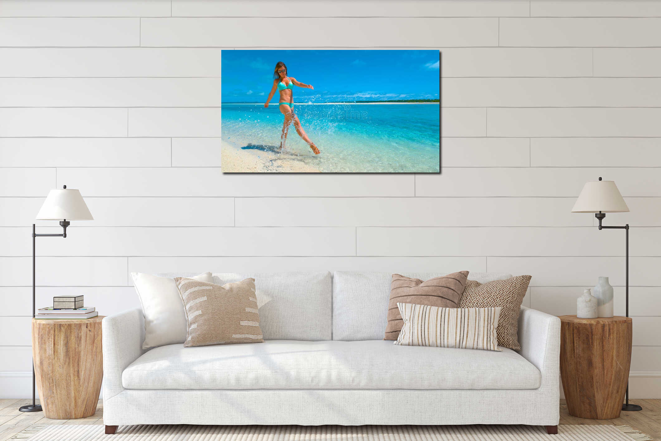 LOW ANGLE: Joyful girl in bikini kicking and splashing the glassy ocean water. interior mockup