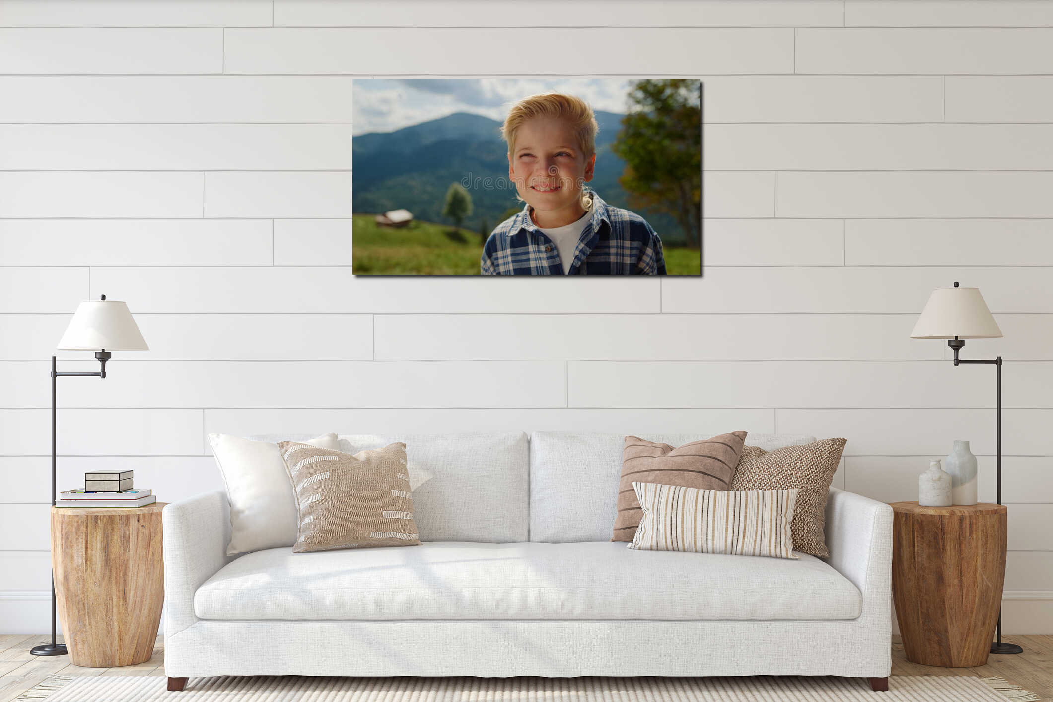 Portrait happy boy looking camera on mountains. Little man standing on meadow. interior mockup
