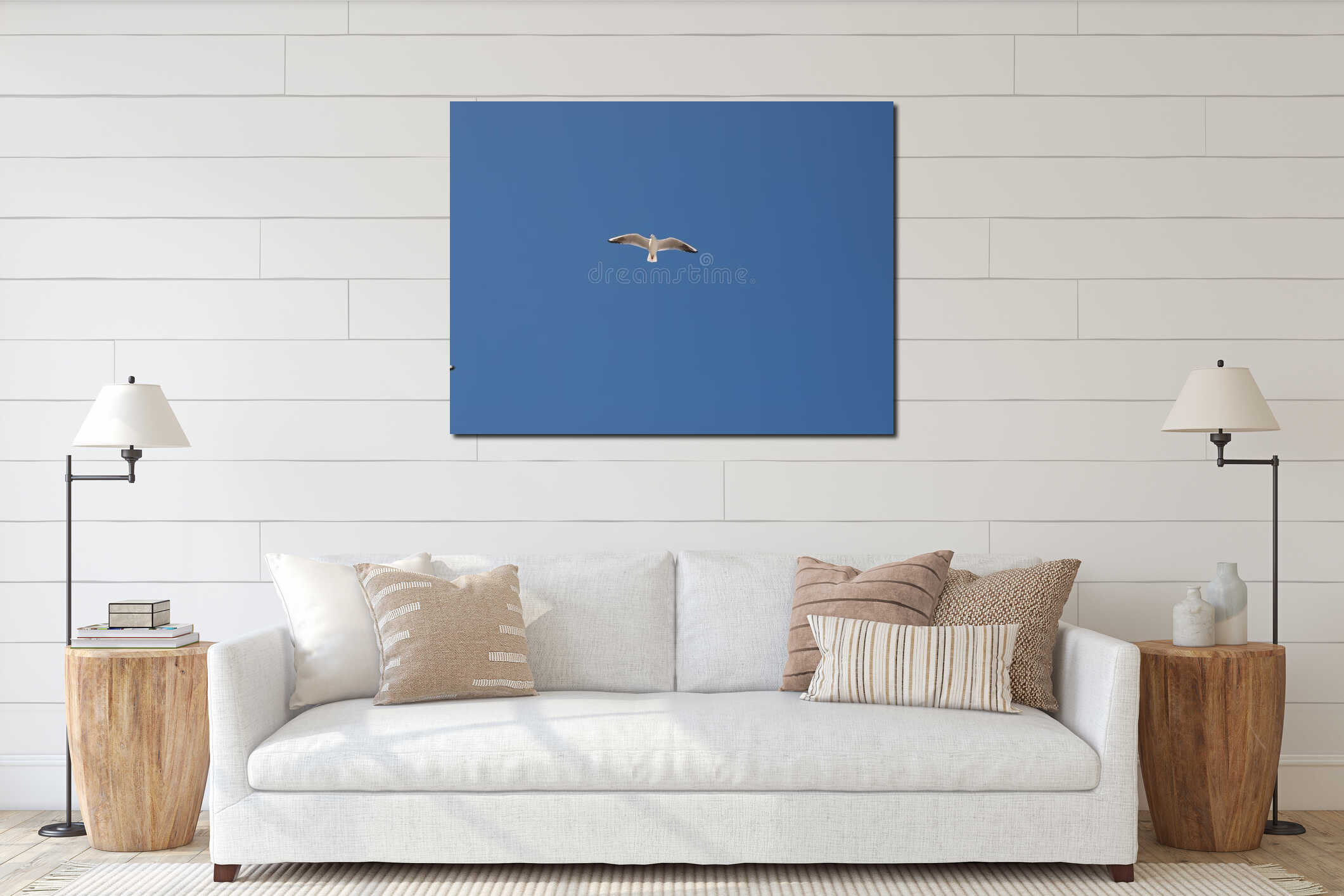 seagull flying sea sky blue interior mockup