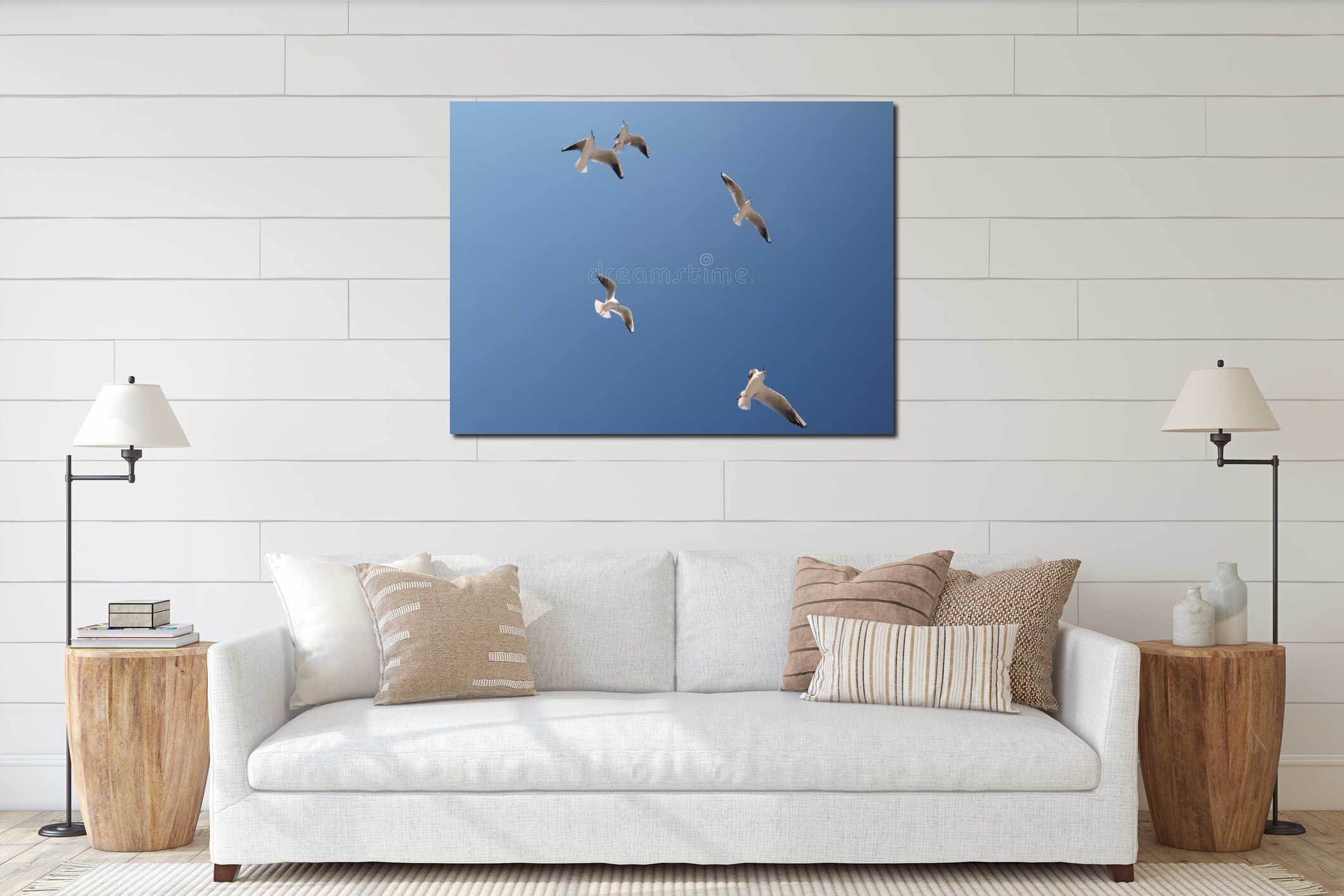 seagull flying sky sea blue interior mockup