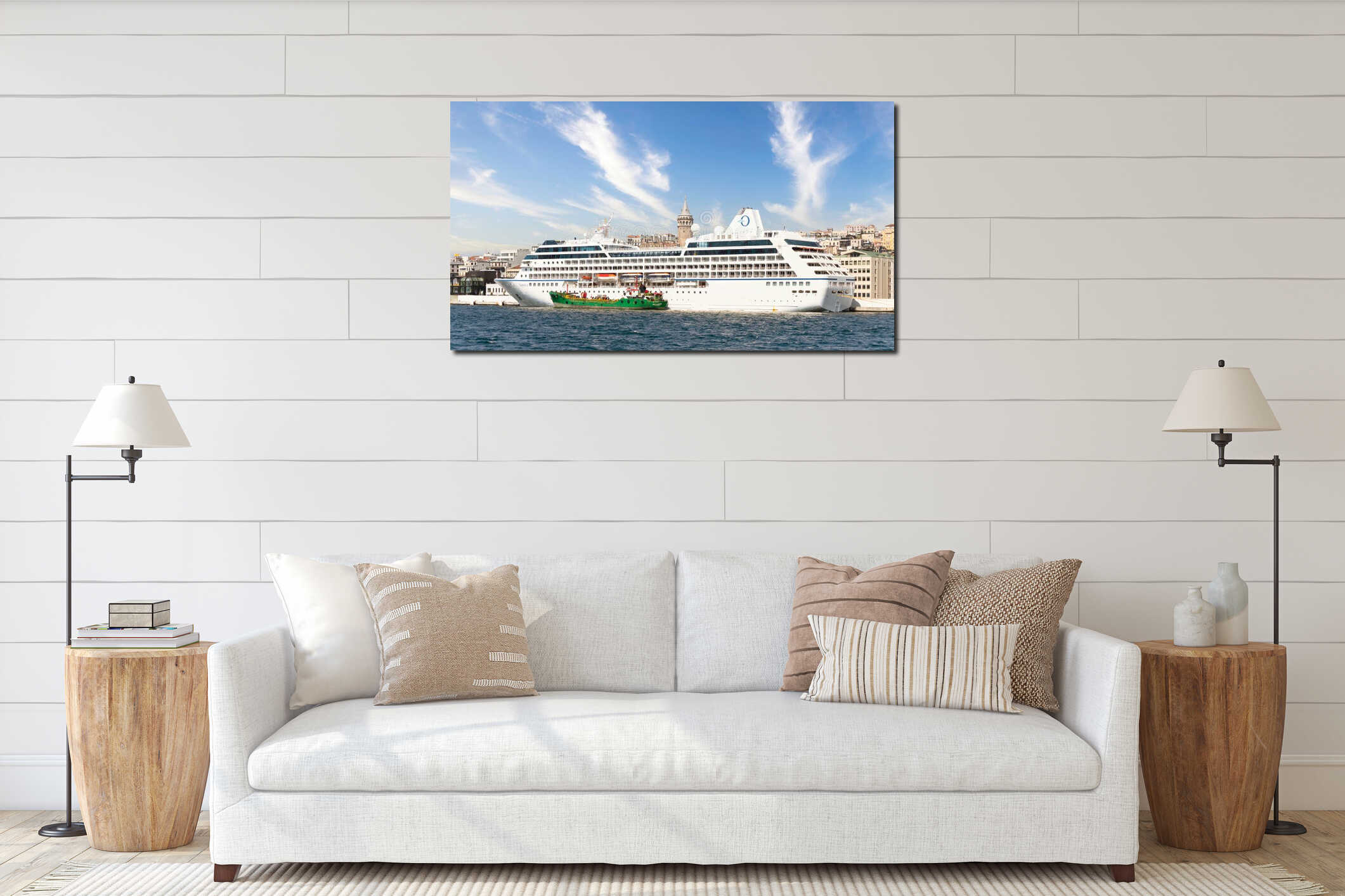 Huge cruise ship docked at Galataport, Bosphorus, Karakoy, district, with Galata Tower, Istanbul, Turkey interior mockup