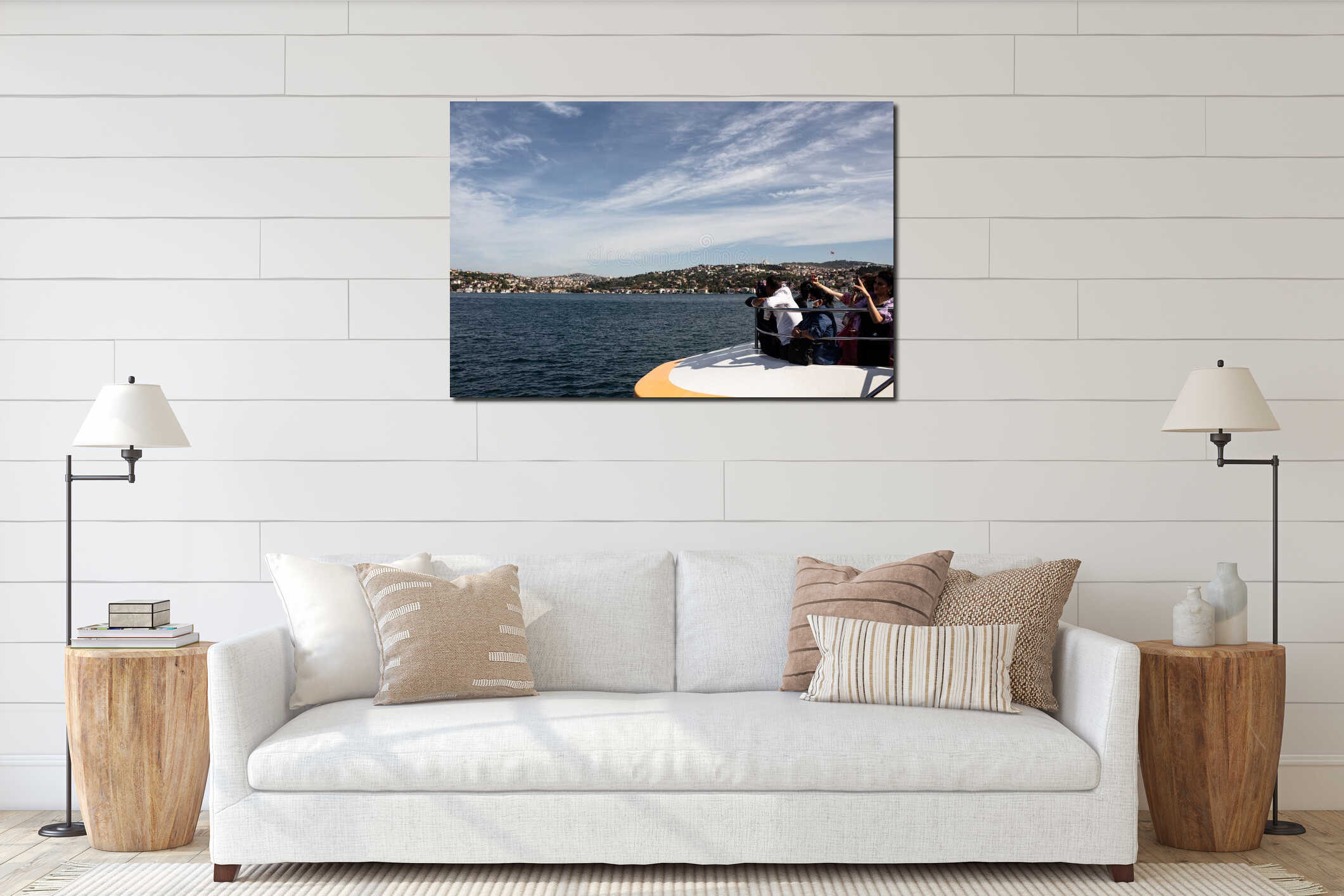 View of tourists on a cruise tour boat on Bosphorus and Asian side of Istanbul. interior mockup