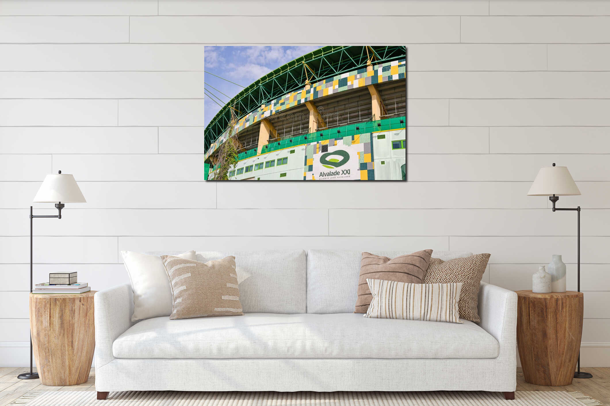 Low-angle partial view of Jose Alvalade Stadium exterior under the blue sky in Lisbon interior mockup