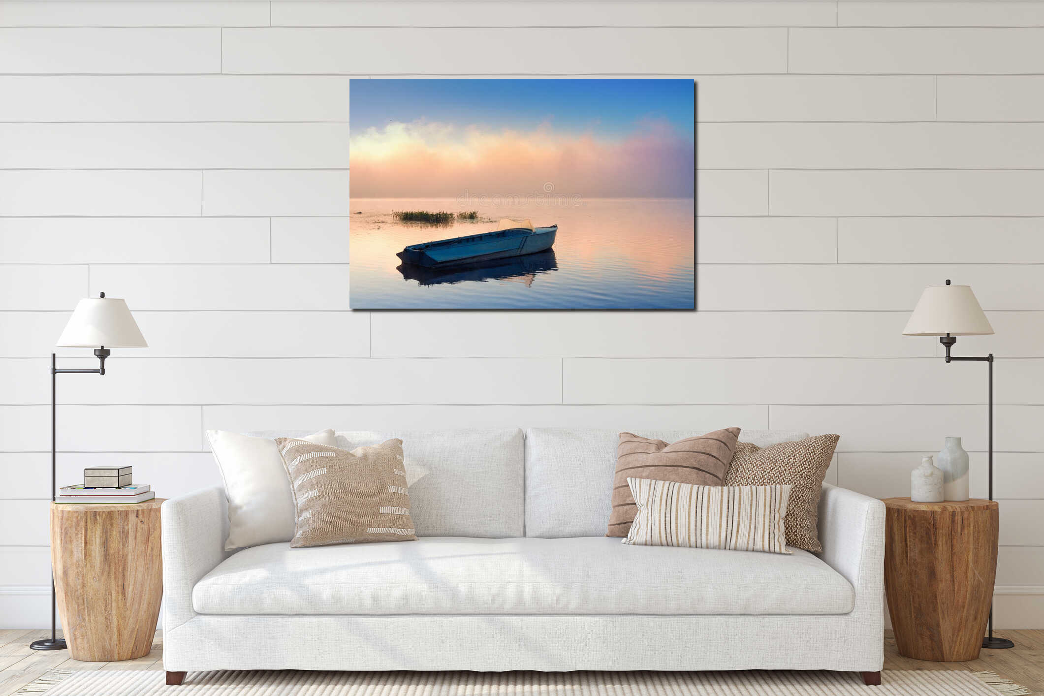 Small Fishing boat anchored near fog on river interior mockup
