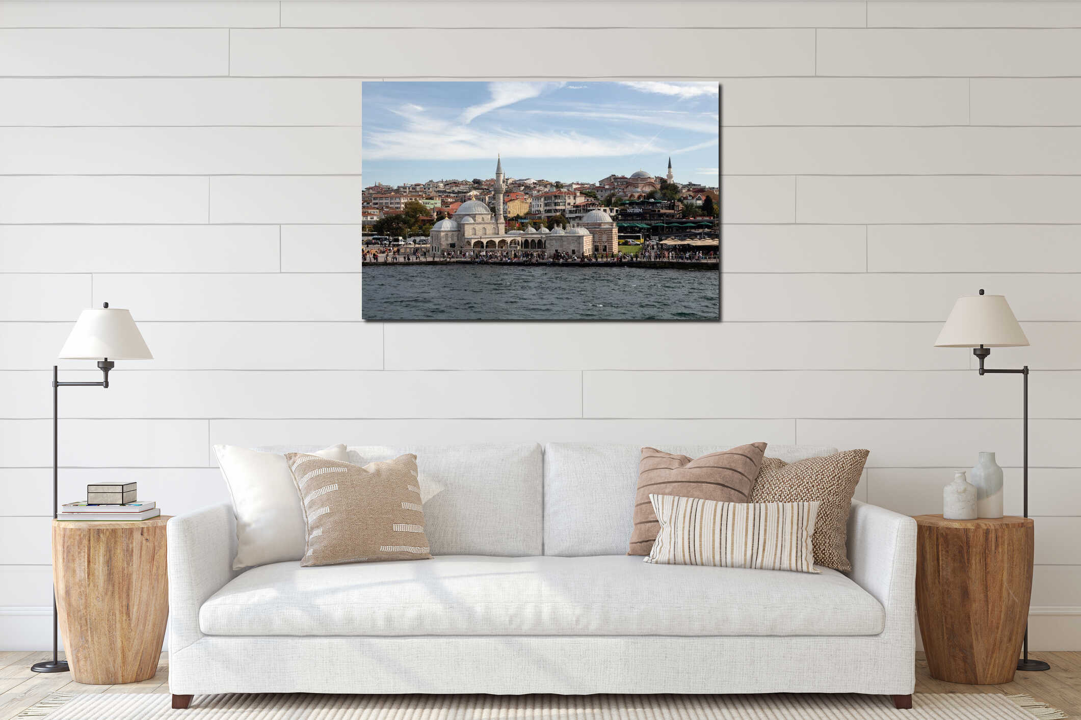 View of historical mosque called Semsi Pasa at Uskudar square on Asian side of Istanbul. It is a sunny summer day. interior mockup