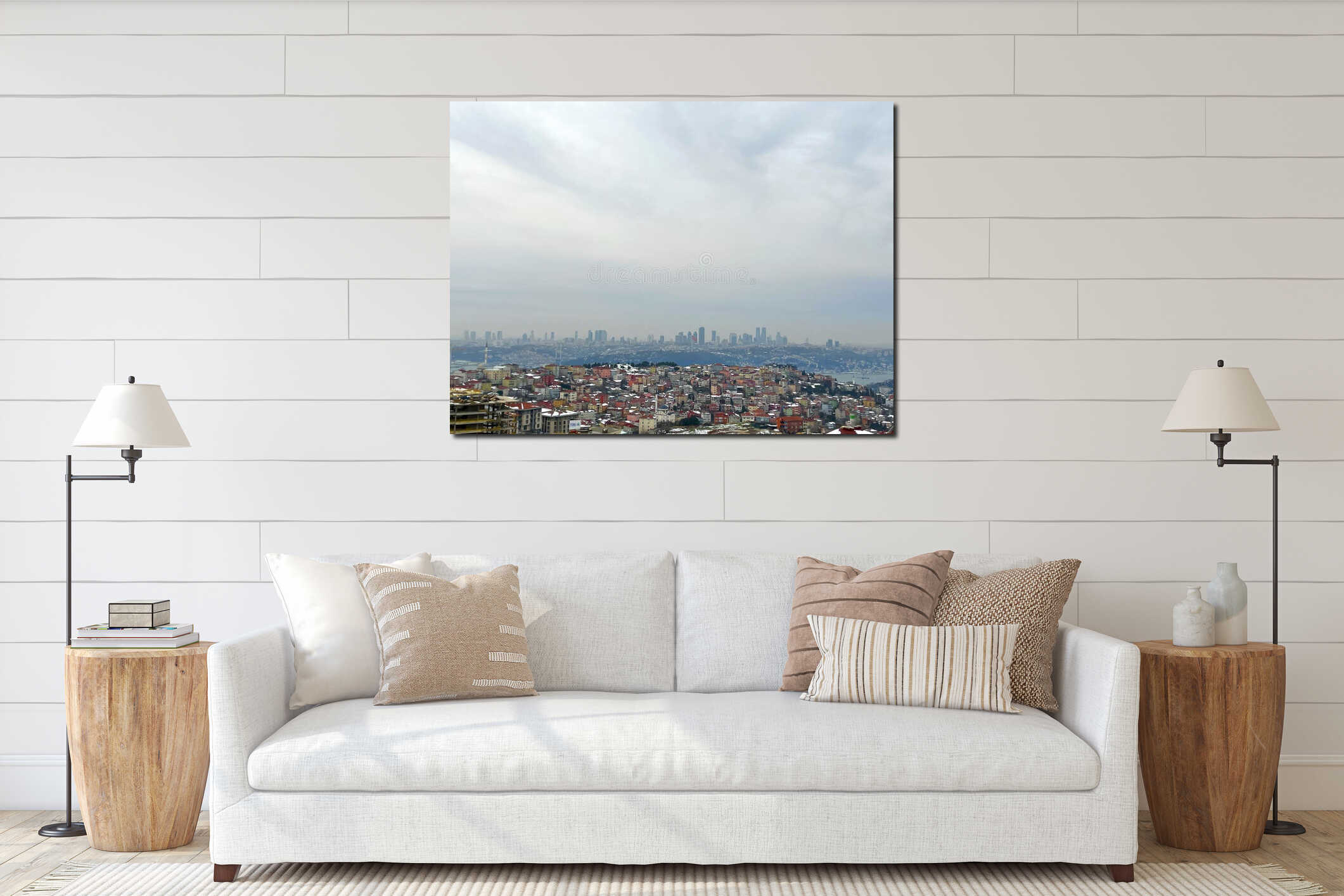 Panoramic Istanbul view. City view and cloudy sky interior mockup