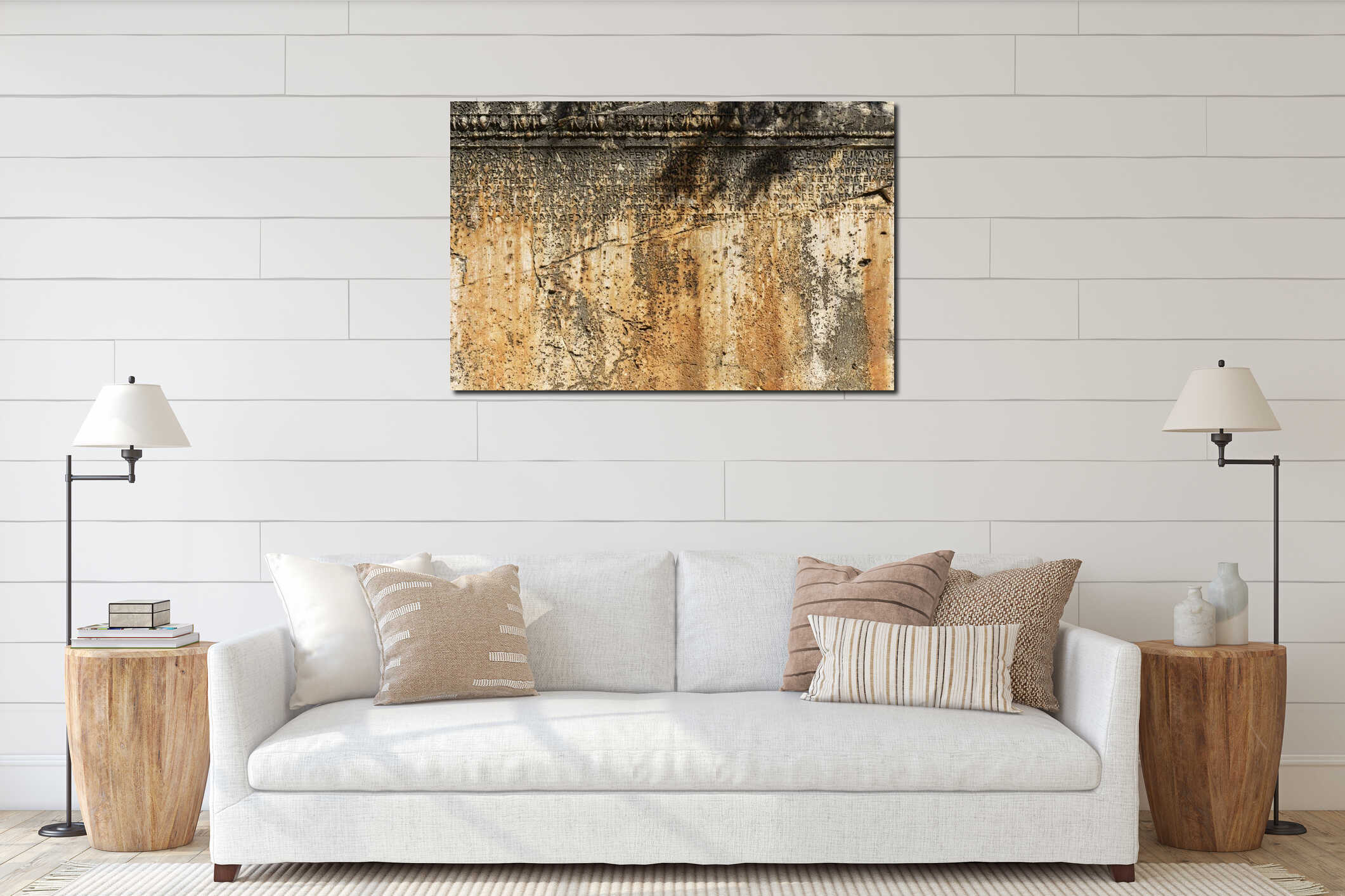 Ancient Greek antique text and inscriptions on the stone wall of the temple. Ancient Greek culture, alphabet and writing interior mockup