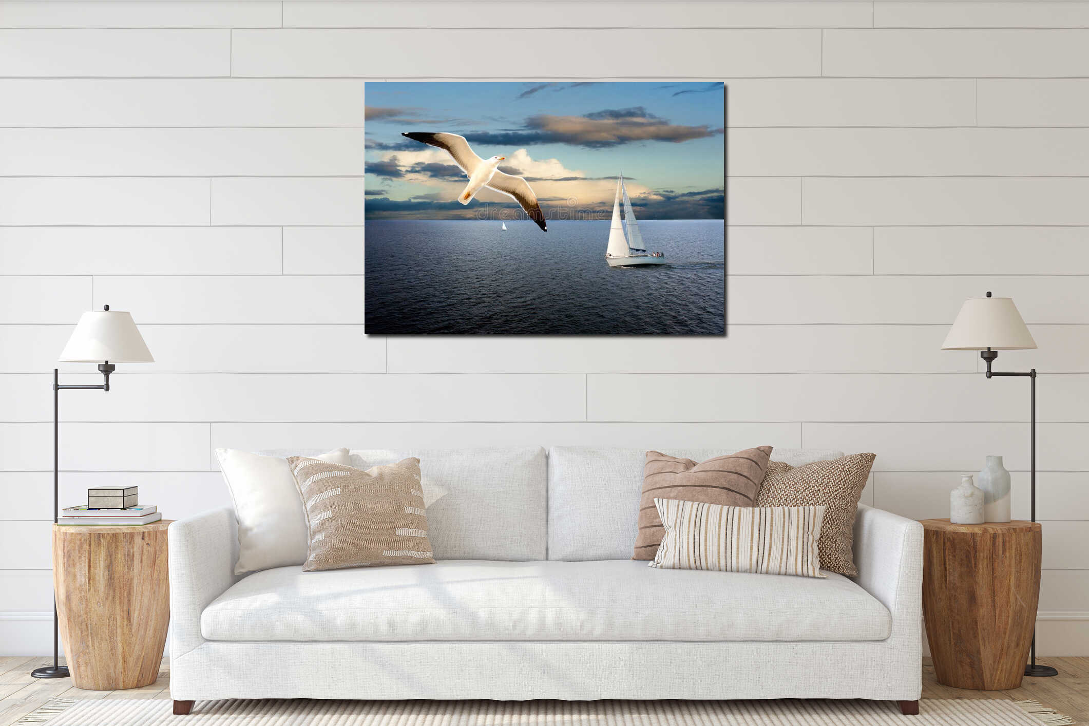 Sail boat and seagull interior mockup