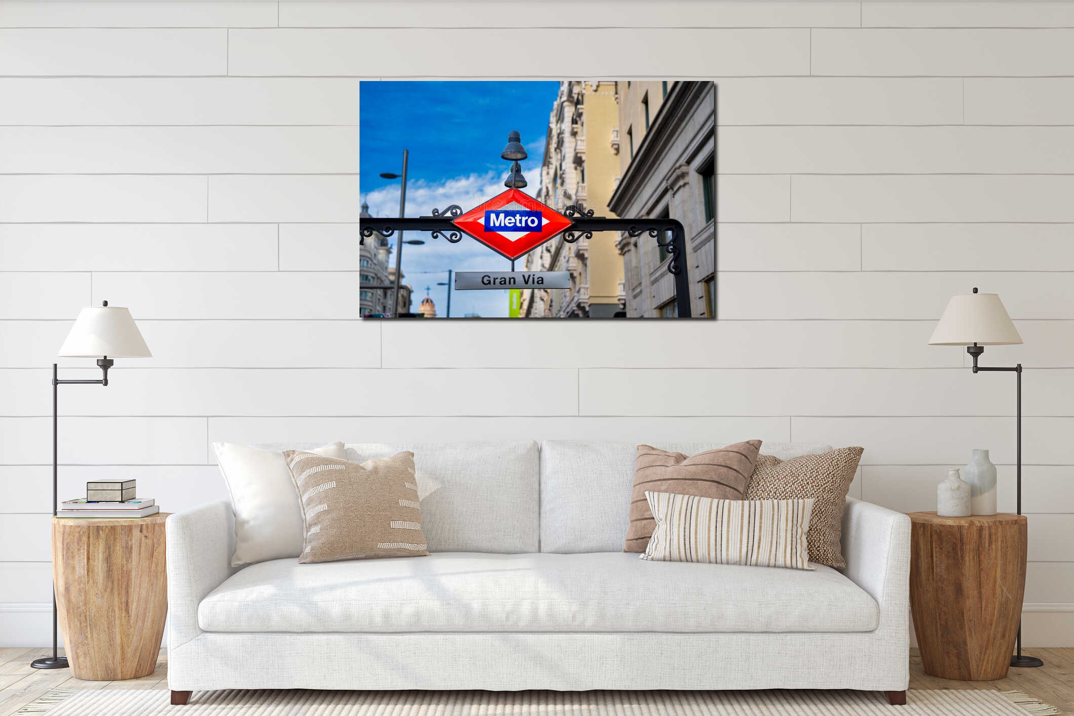 Madrid, Spain - October 29, 2022: Close up of Metro sign outside Gran Via subway station in Madrid, capital of Spain, selective interior mockup
