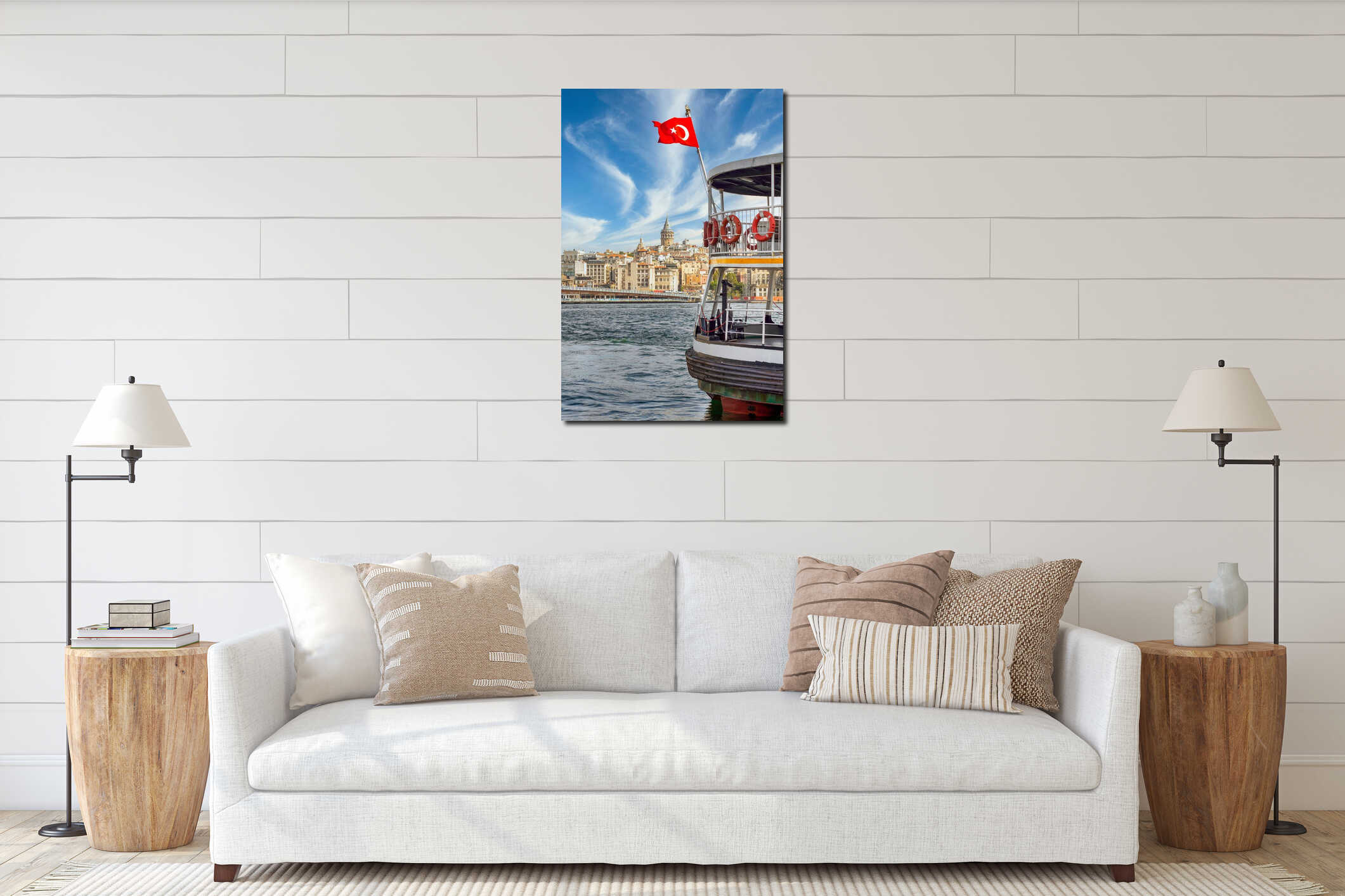 Turkish flag on a ferry boat, Eminonu ferry terminal, Istanbul, with Galata Tower, and Galata Bridge in the background interior mockup