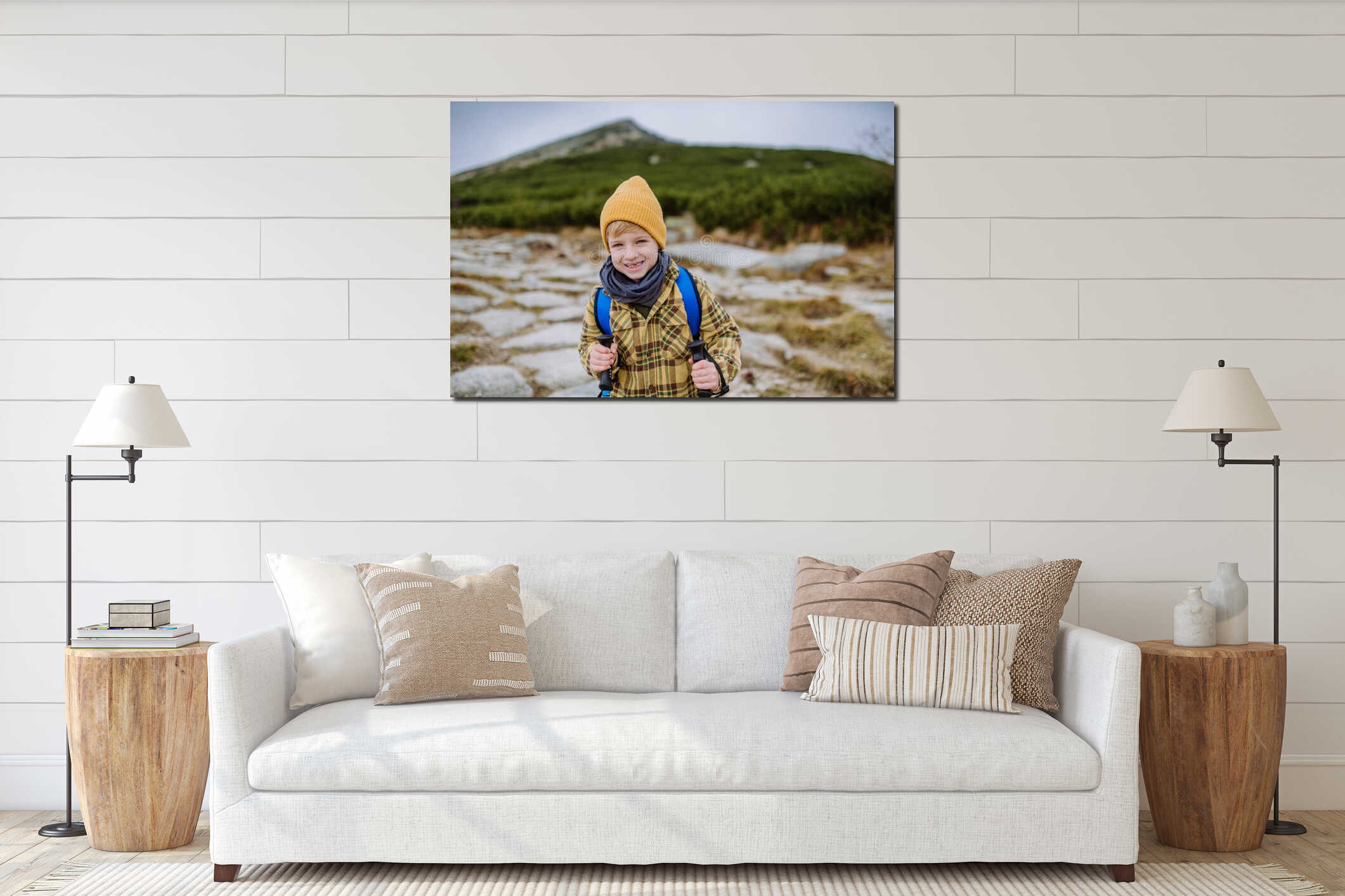 Portrait of little boy hiking in mountains. interior mockup
