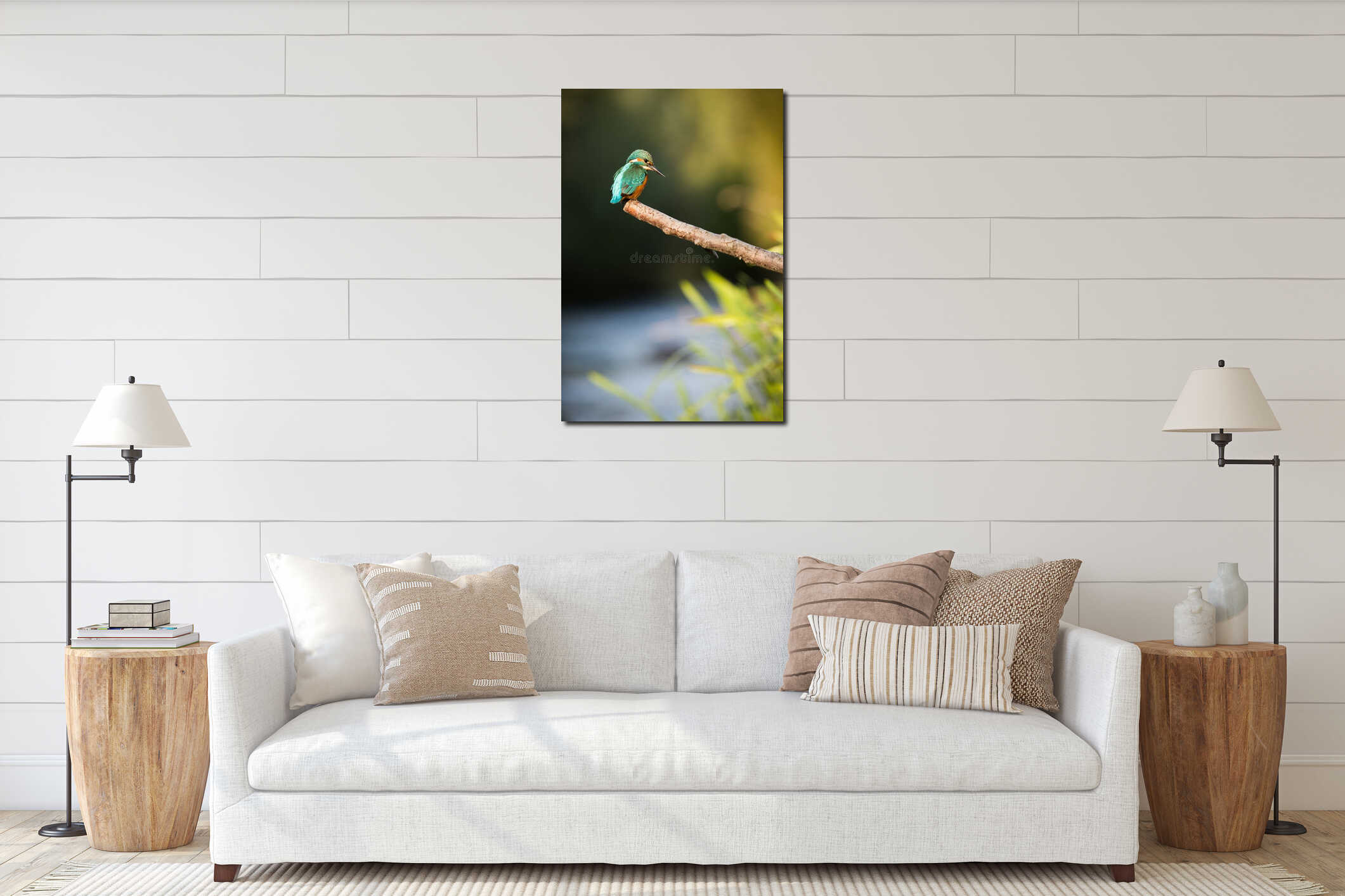 Common kingfisher sitting on branch in autumn in vertical shot interior mockup