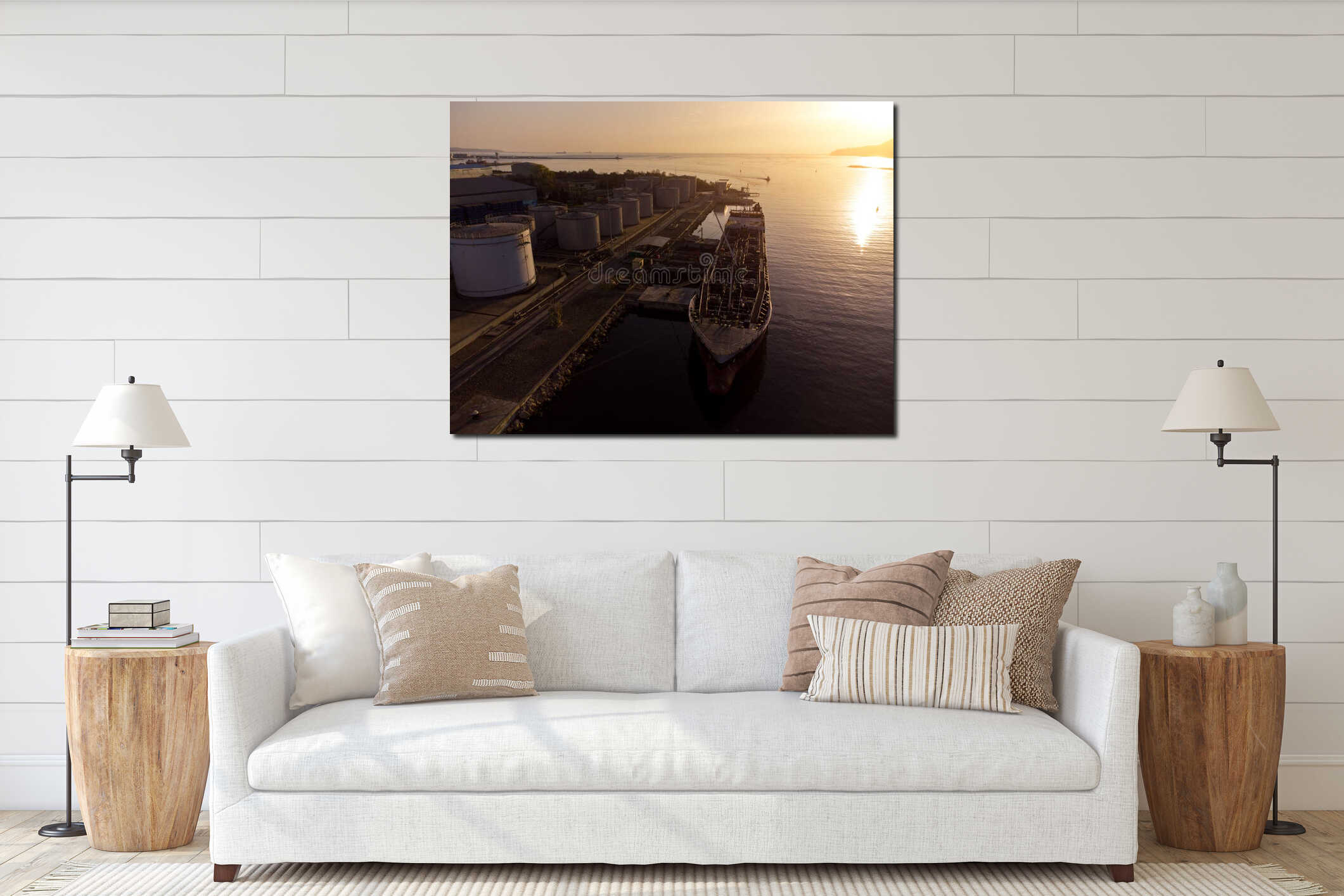 Aerial view of oil ship tanker and lpg ship at industrial port at sunset interior mockup