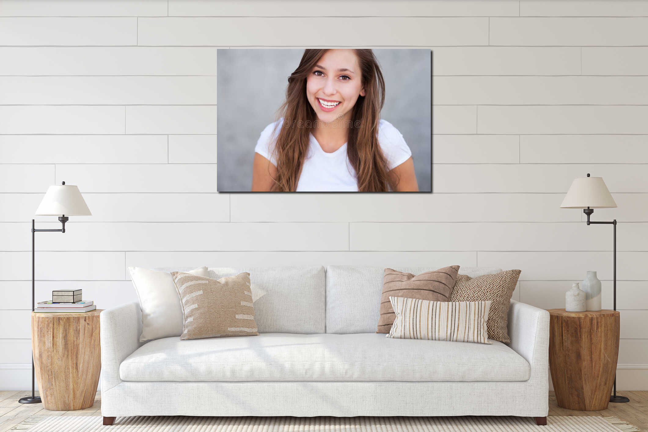 Young woman smiling interior mockup