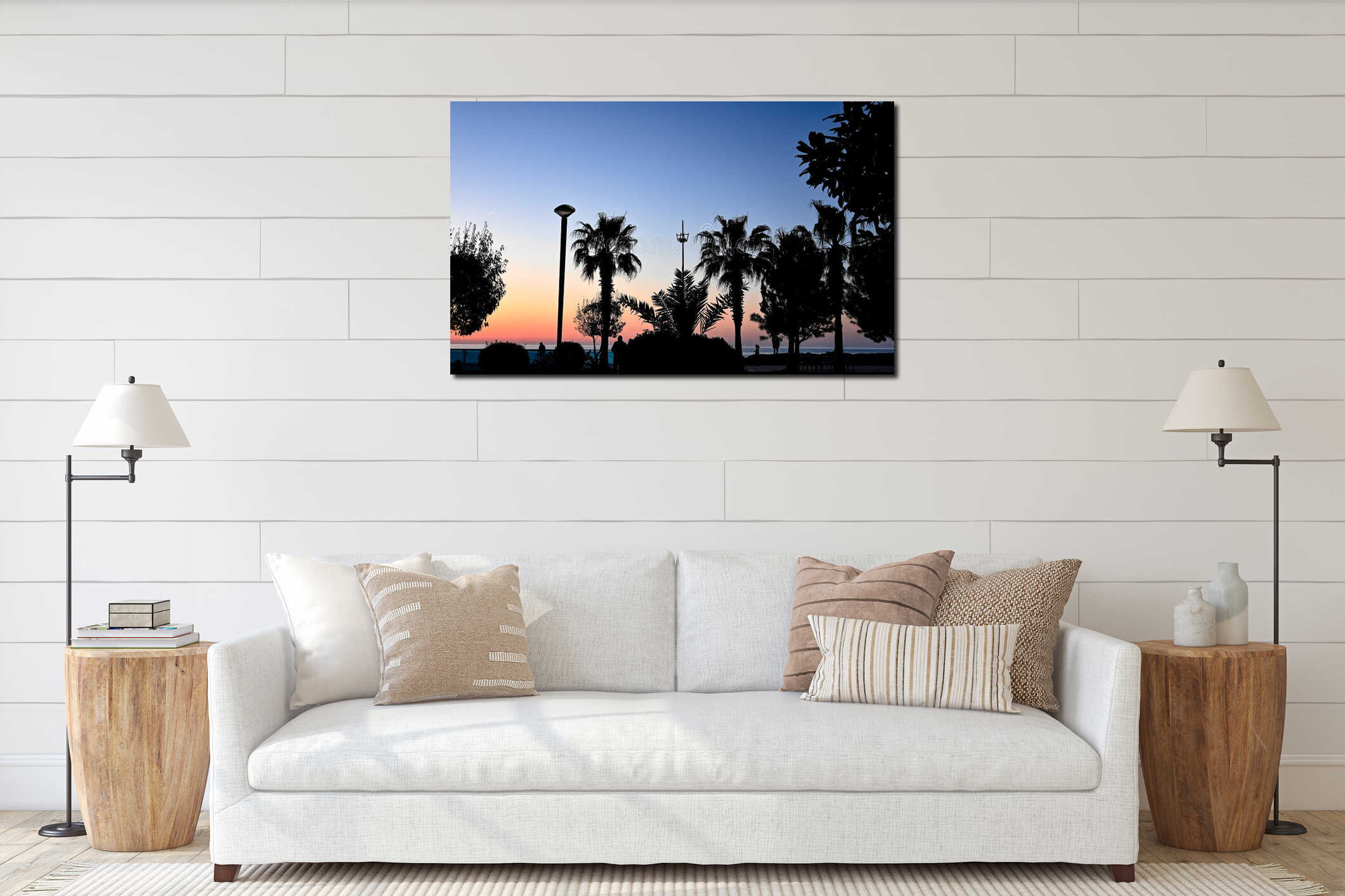 sunset silhouettes palm trees sea beach gradient interior mockup