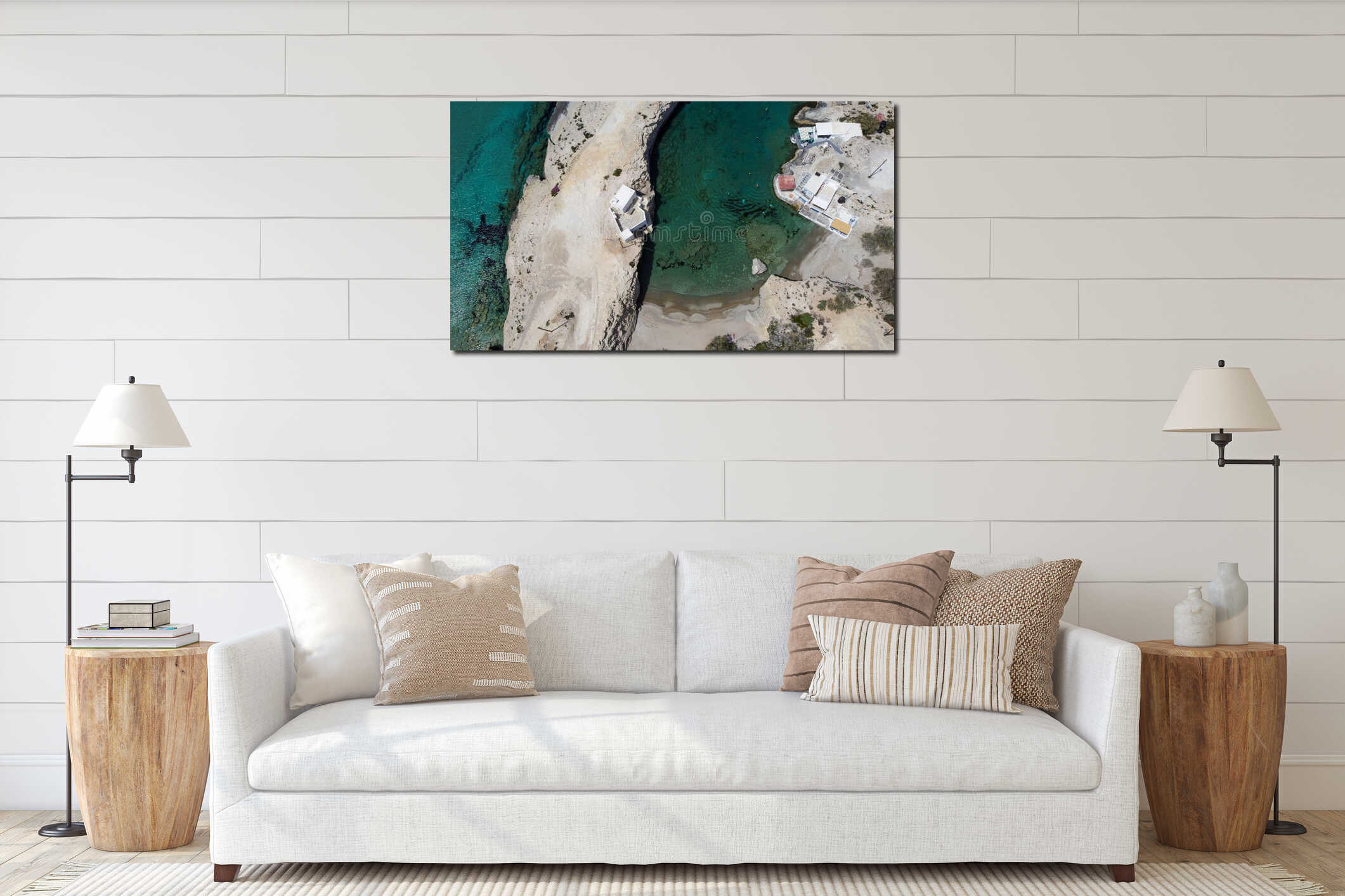 Aerial view of the green sea and a Mediterranean coast fishing village. Greece. interior mockup