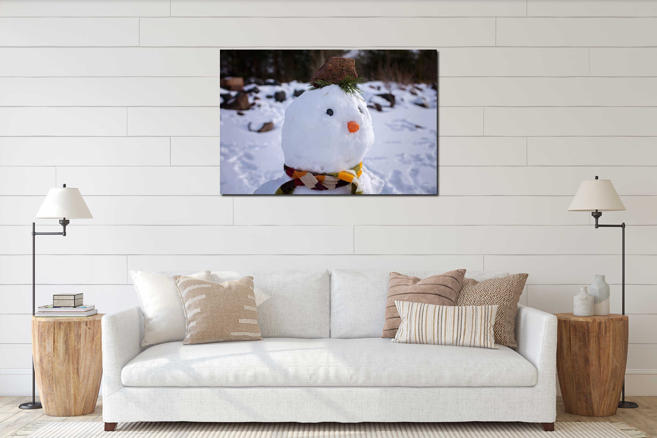 Close-up portrait of snowman with a bitten-off carrot. Space for text. Seasonal family weekend interior mockup