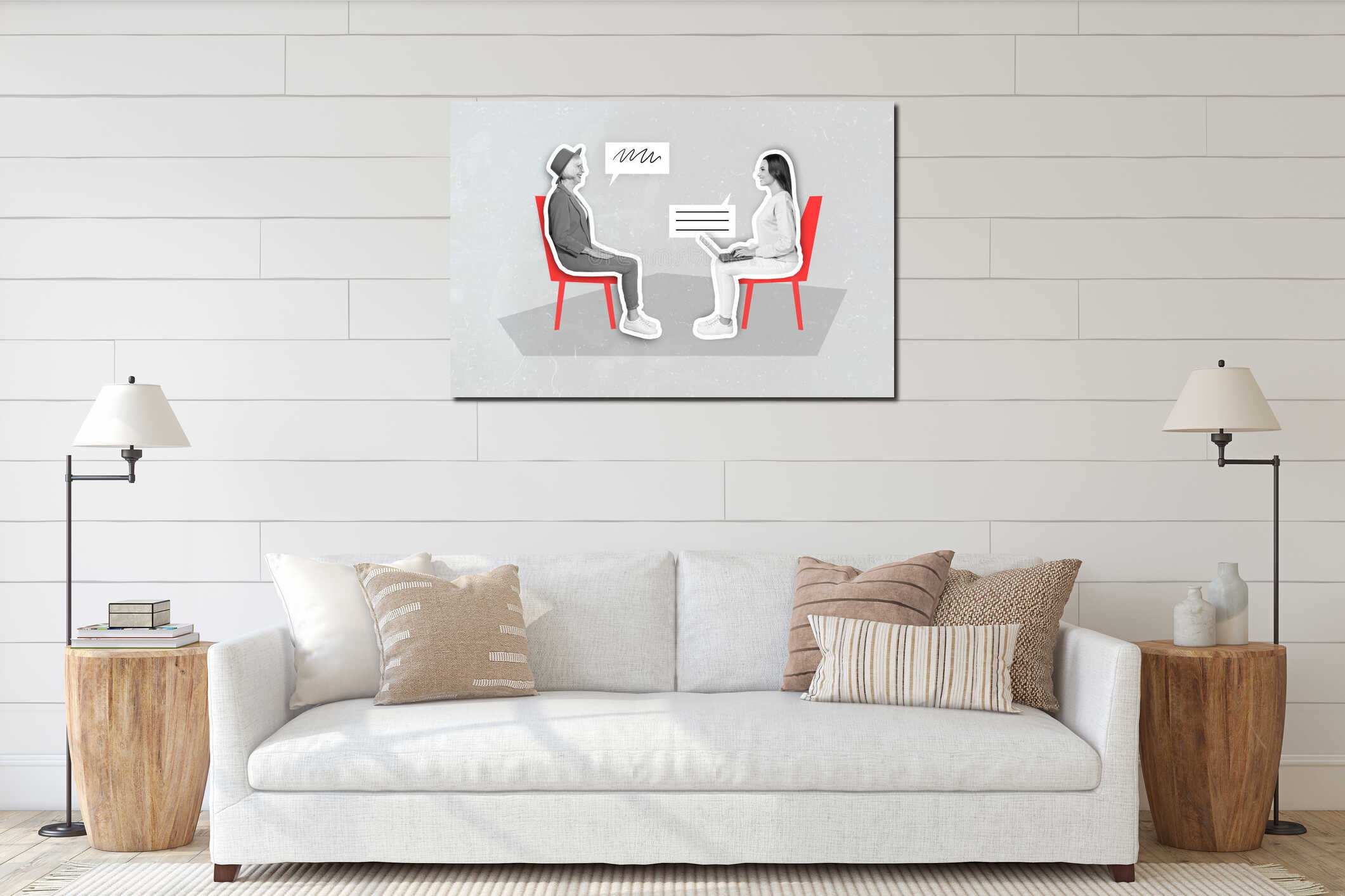 Composite collage illustration of two people black white effect sitting chair use netbook speak communicate isolated on interior mockup