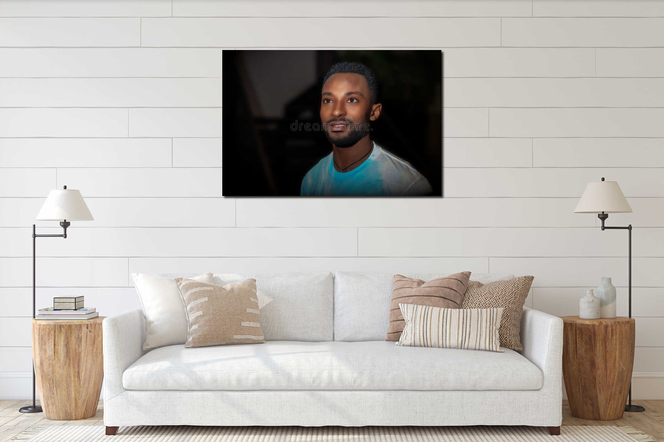 Dark studio portrait young man student stylish guy handsome looking style interior mockup