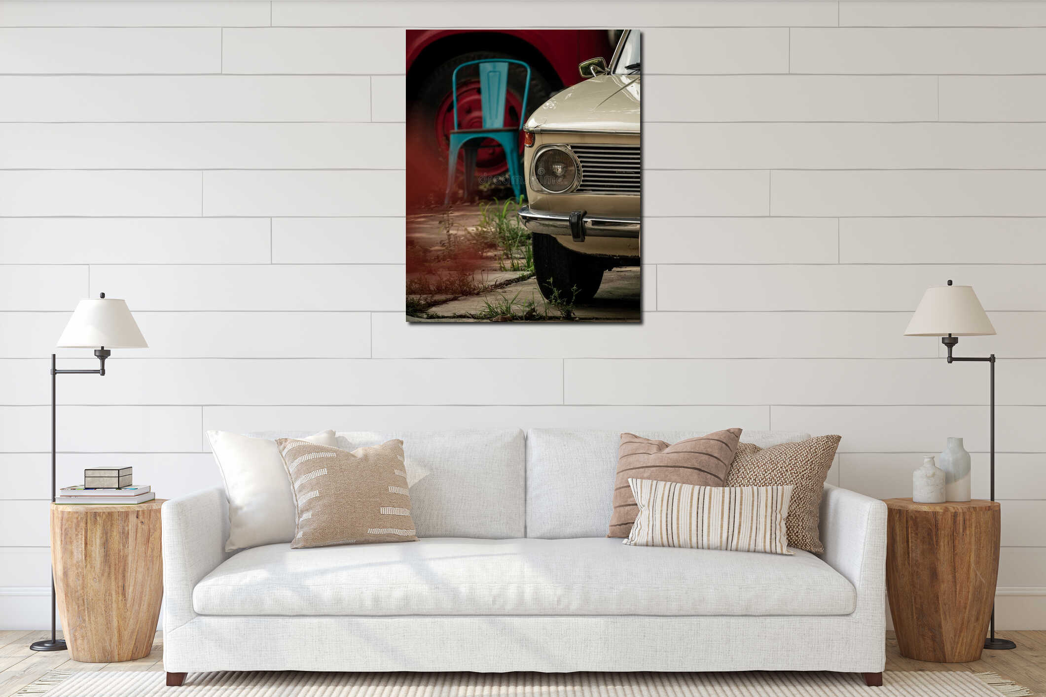 Vertical shot of a retro beige car front interior mockup