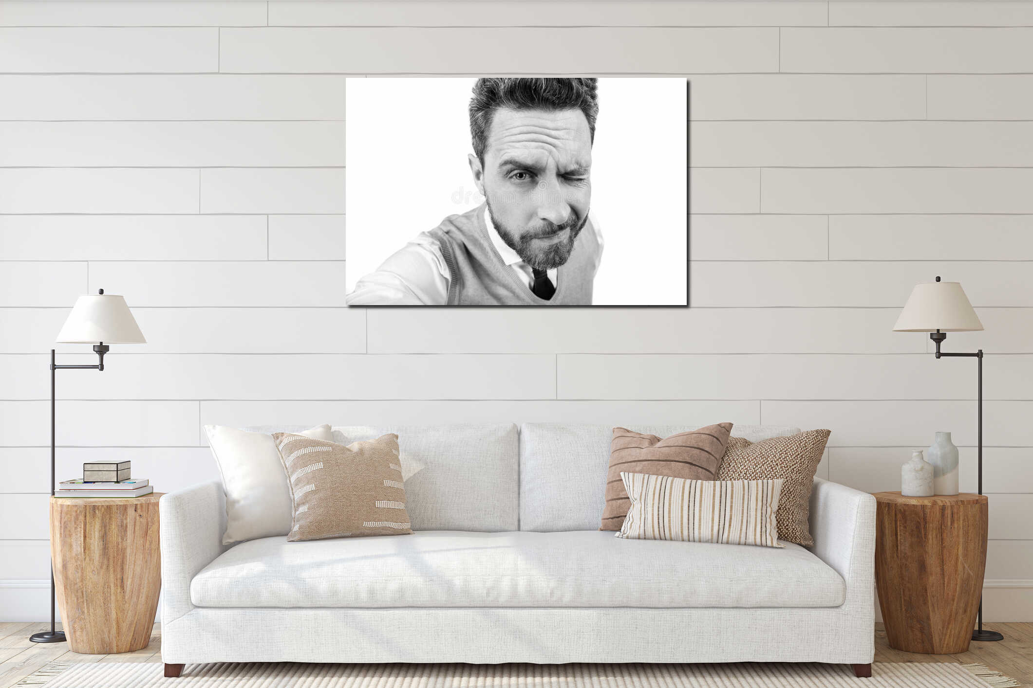 grizzled man closeup portrait. serious mature elegant man with beard making selfie. interior mockup