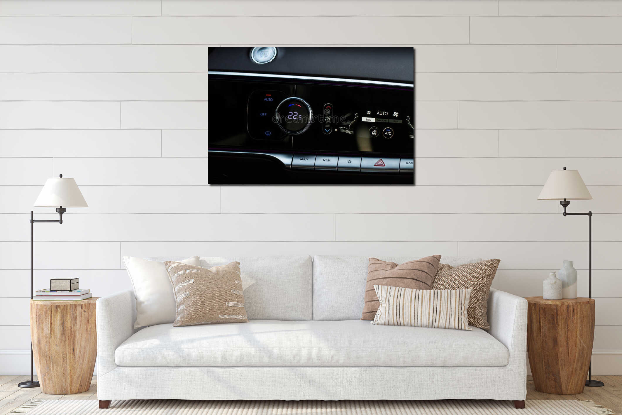 Digital control panel car air conditioner dashboard. interior mockup